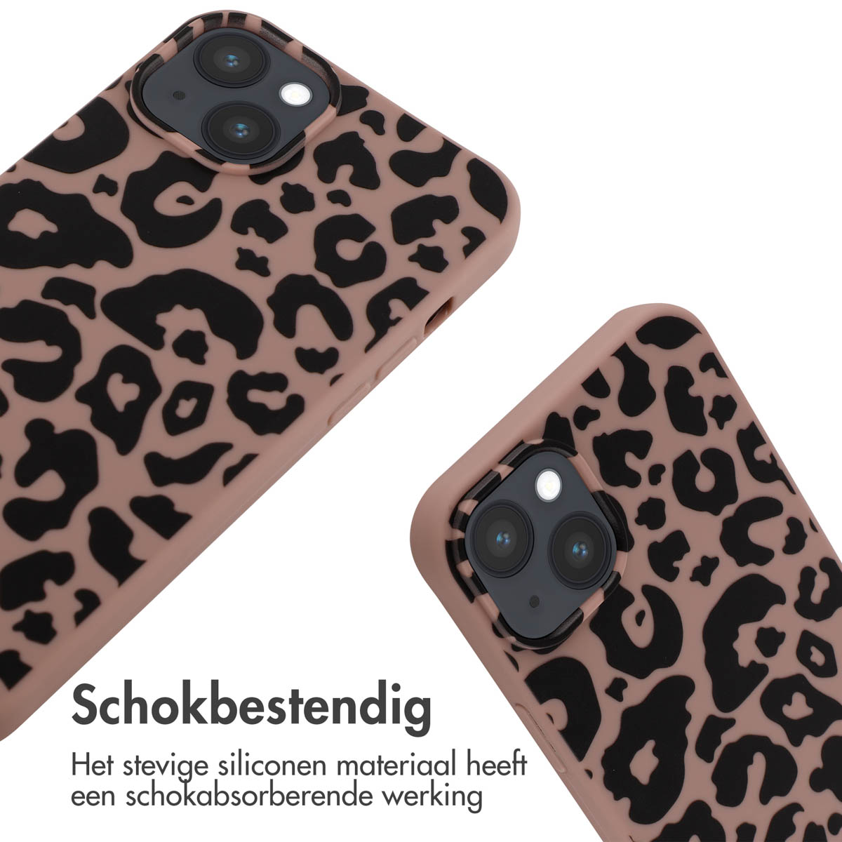 Dos fundas de teléfono con estampado de leopardo, primer plano, fondo blanco, texto 'Schokbestendig'.