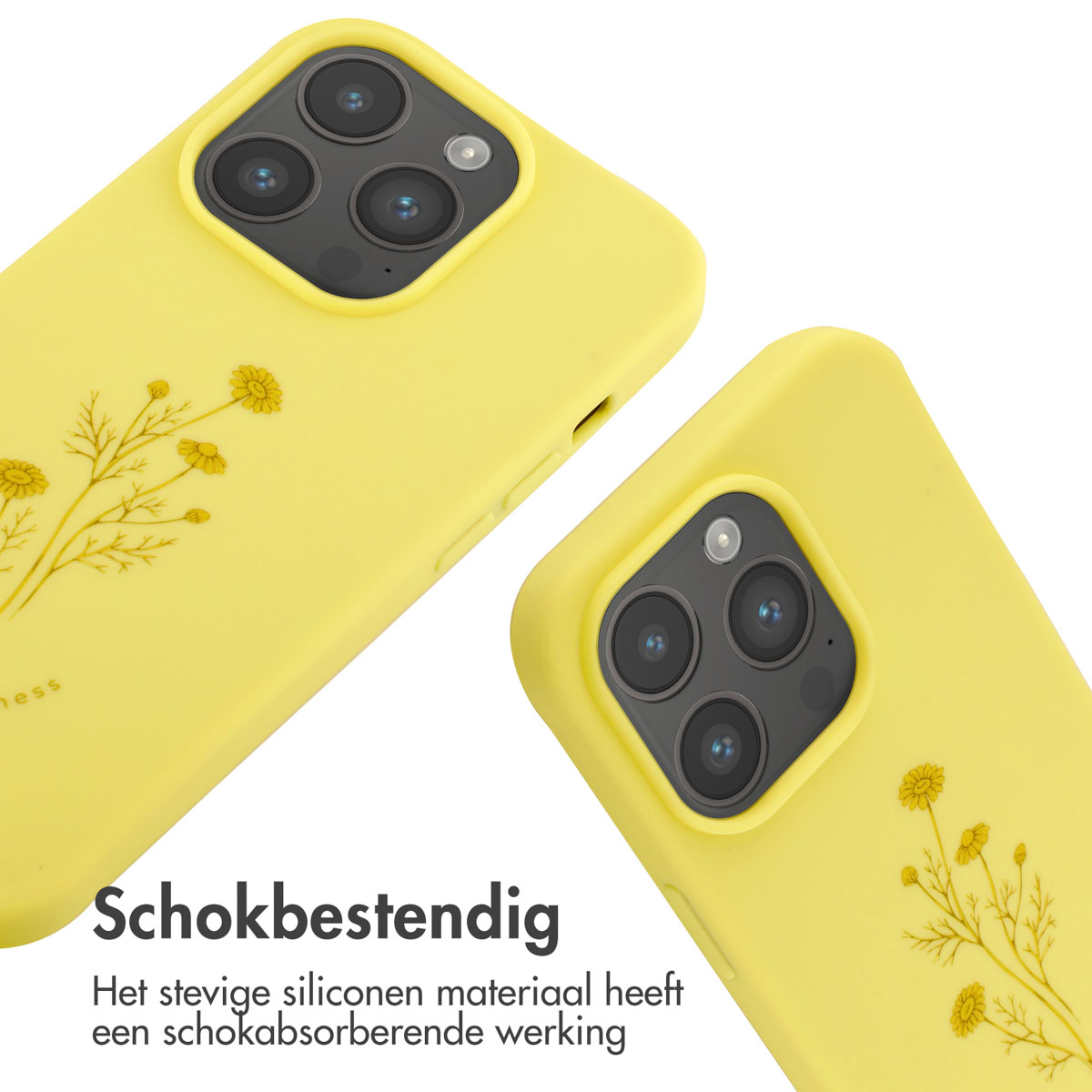 Twee gele telefoonhoesjes, bloemen, close-up, witte achtergrond, tekst 'Schokbestendig'.