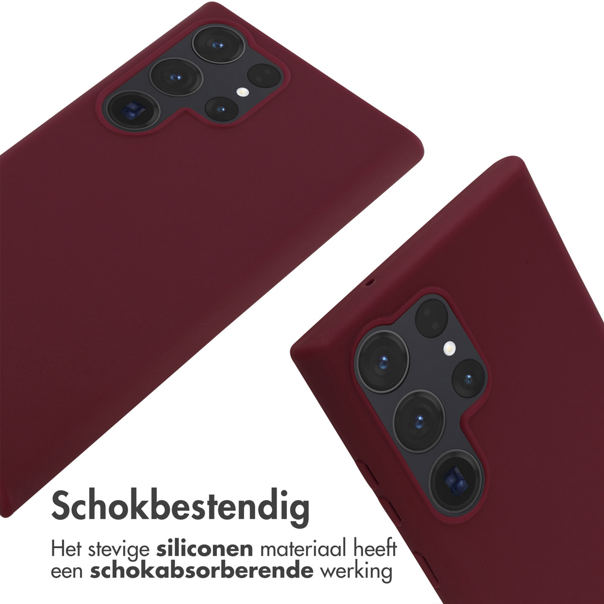 Deux coques de téléphone rouge foncé. Texte en néerlandais en bas.