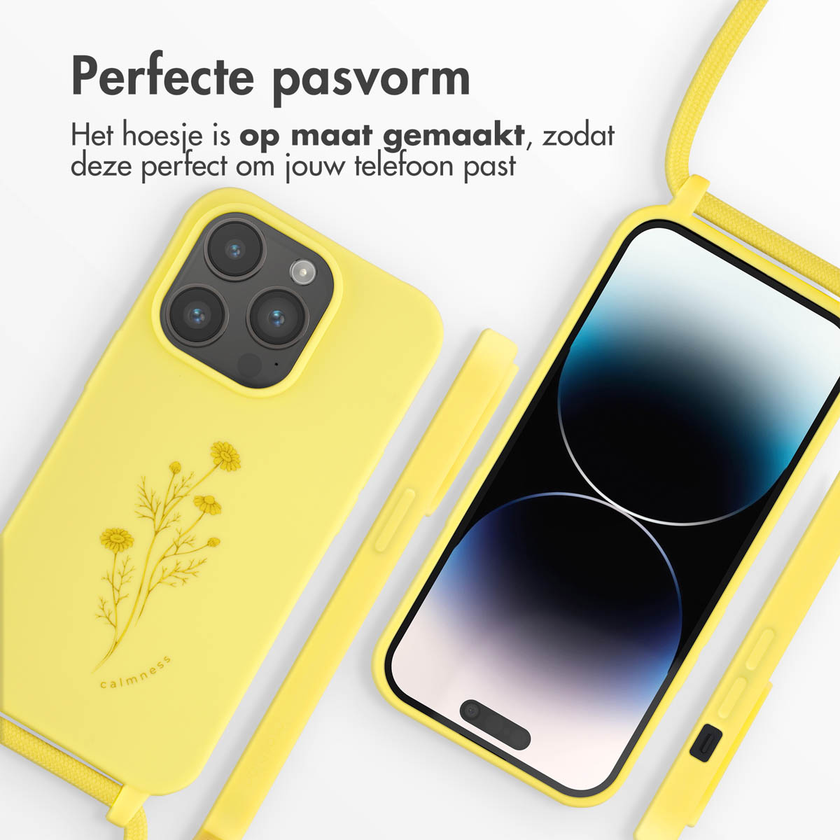 Een telefoon in een geel hoesje, een bijpassend hoesje en een koord. Het telefoonscherm is zichtbaar.