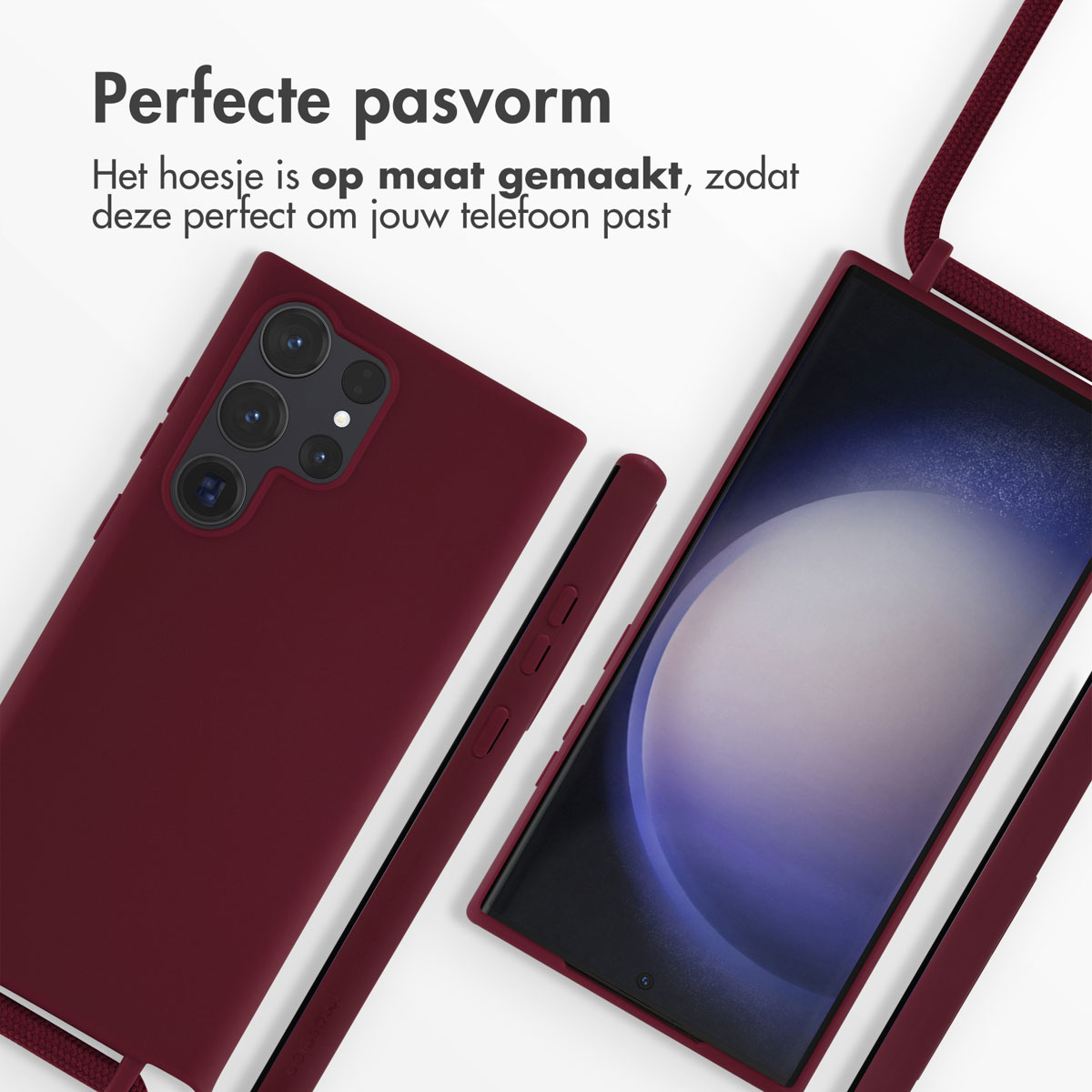 Coque bordeaux avec écran de téléphone et cordon bordeaux. Texte : 'Ajustement parfait'.