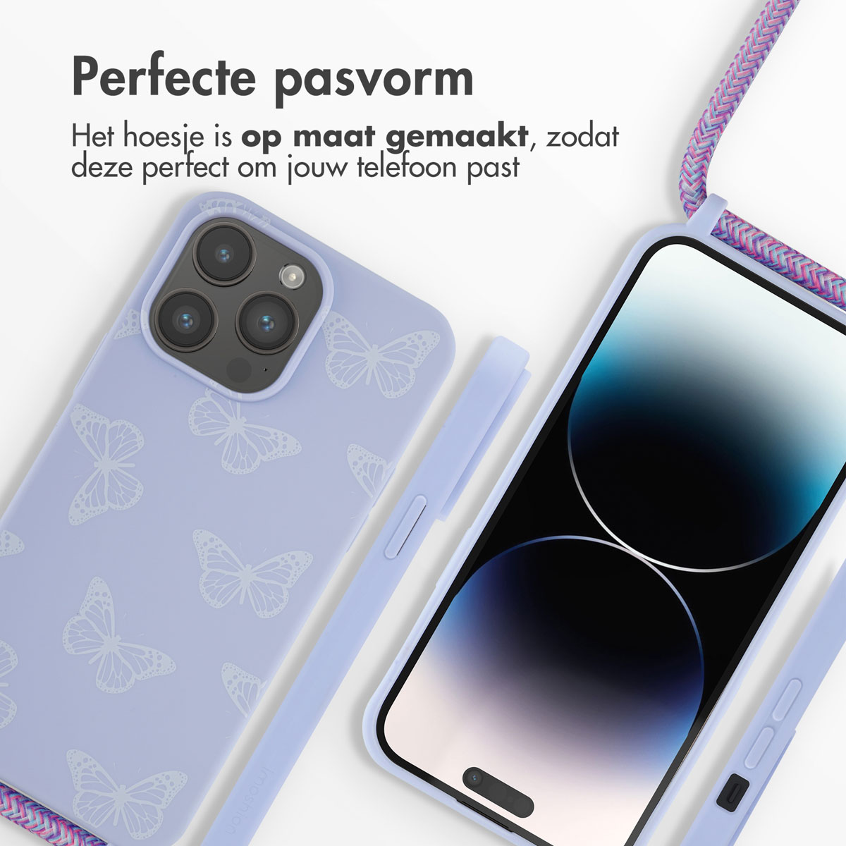 Lila telefoonhoesje met witte vlinderpatroon, telefoon met scherm en roze-paars koord.
