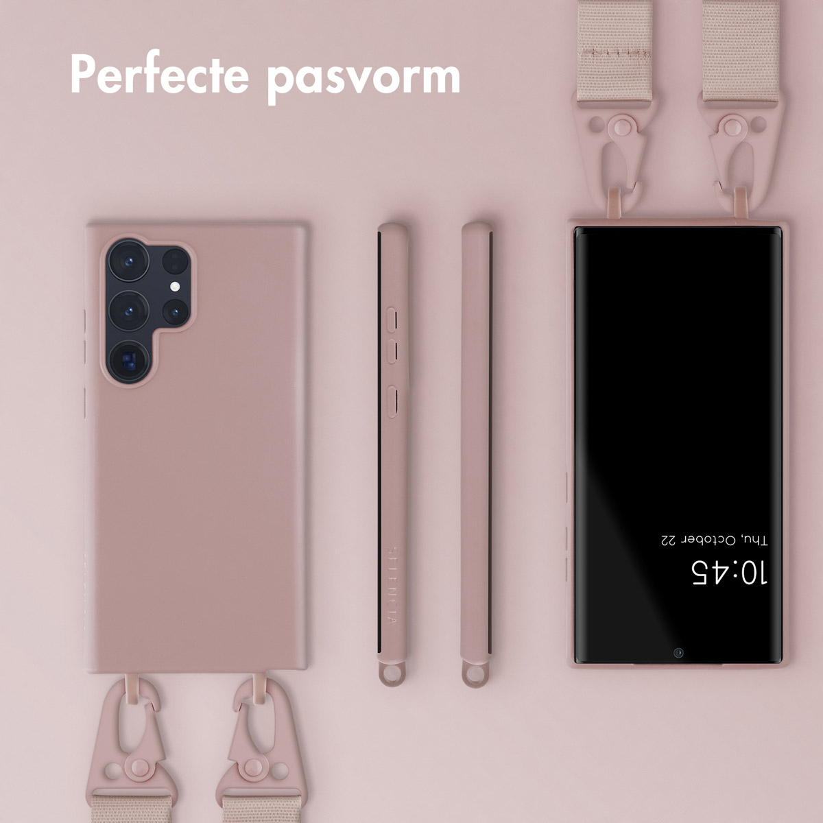 Roze telefoonhoes met telefoon. Tekst: Perfecte pasvorm.