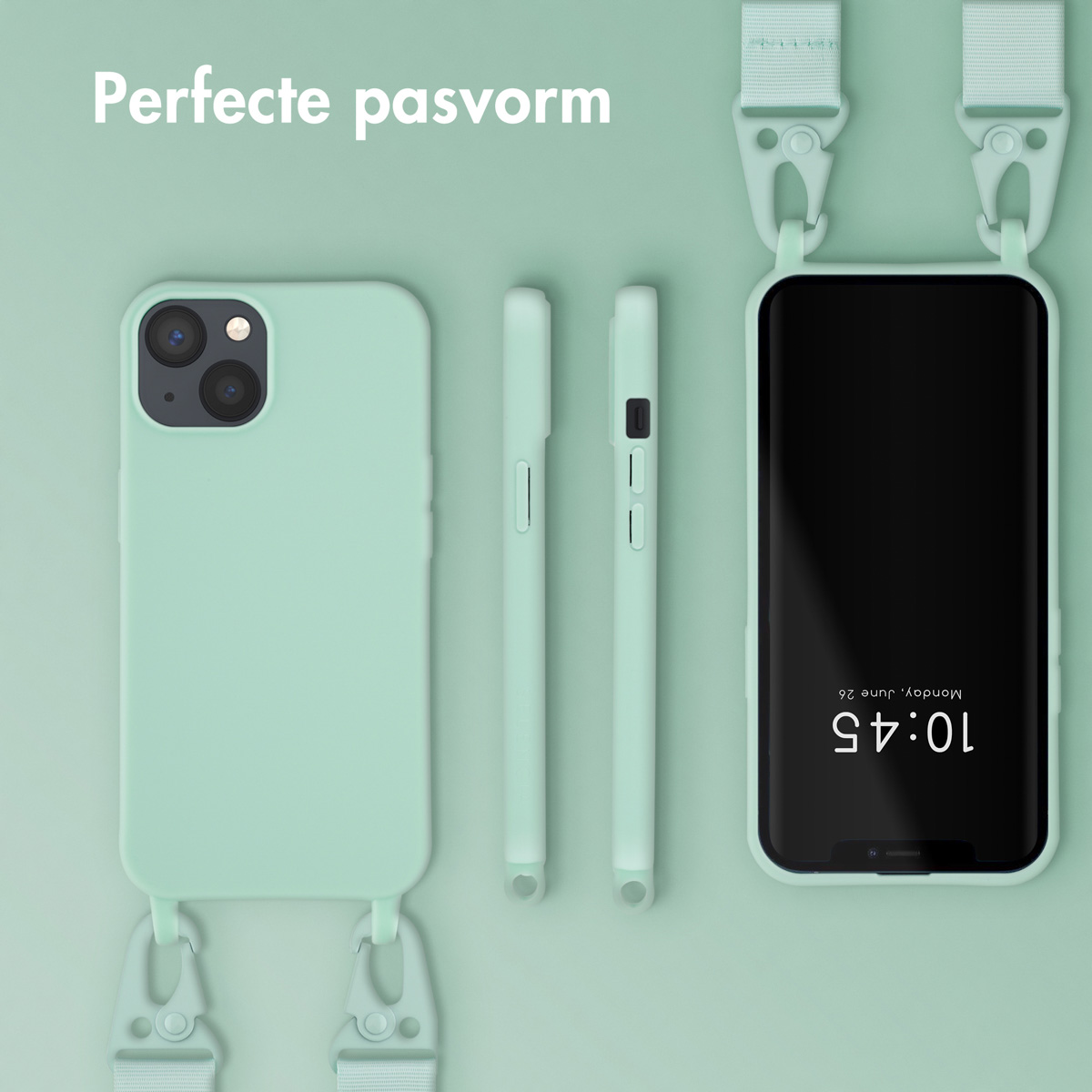 Coque vert menthe avec sangle, téléphone avec heure 10:45 à l'écran et pièces de coque.