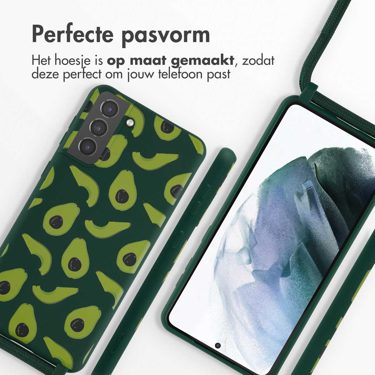 Custodia verde per telefono con motivo avocado e cordino. Un telefono all'interno, su sfondo bianco.