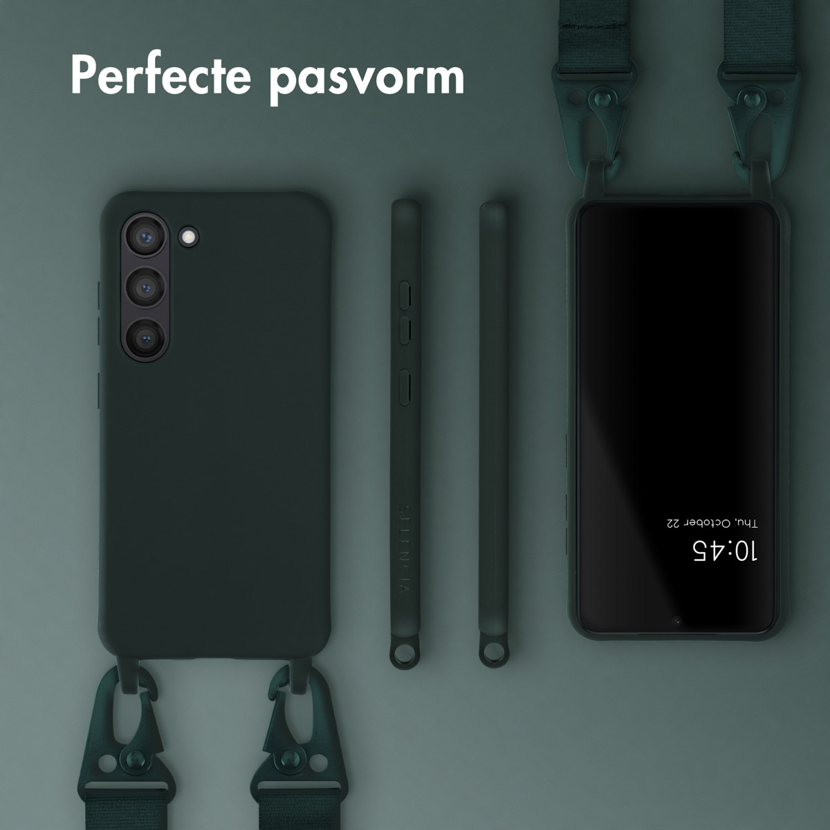 Coque noire avec sangle, écran visible, fond sombre.