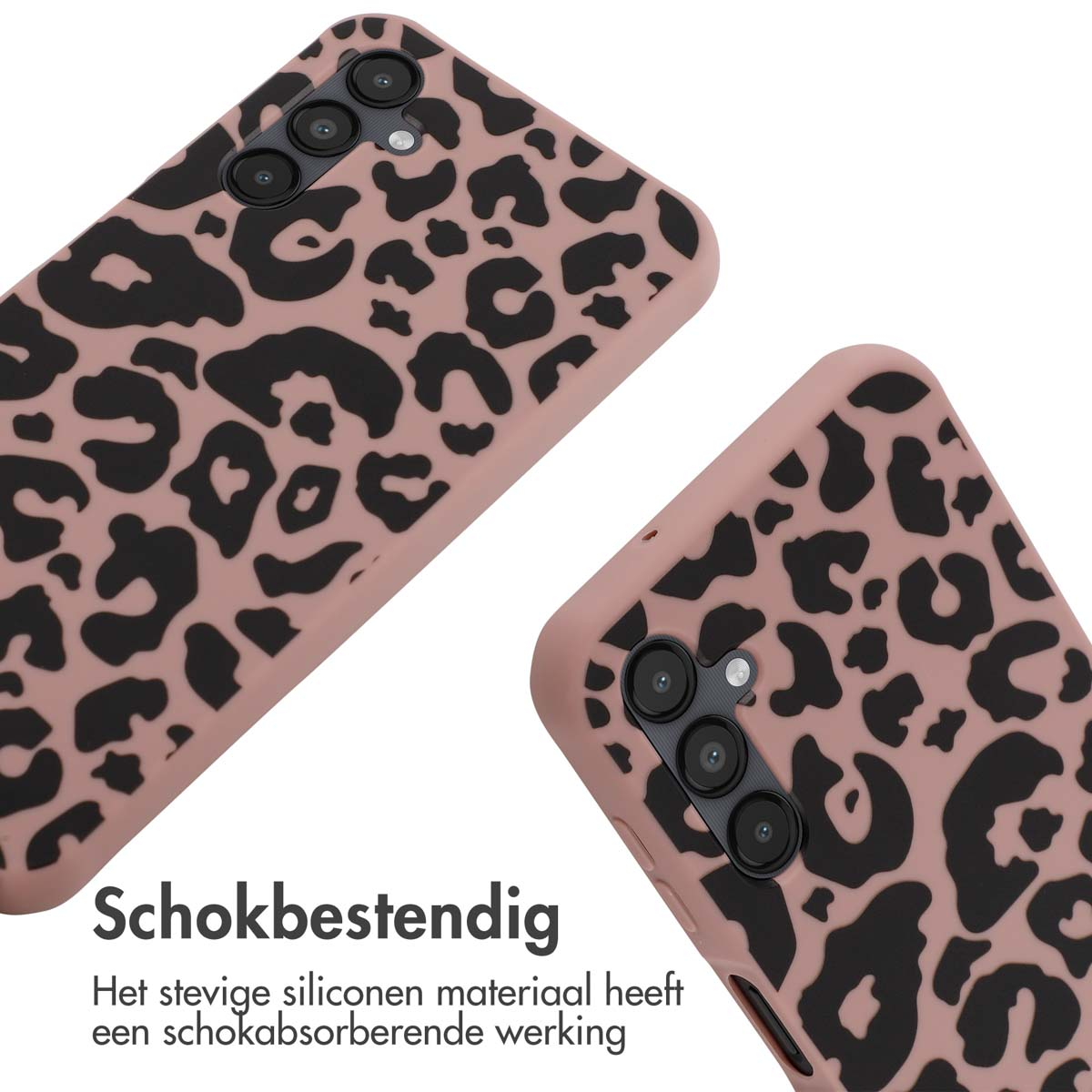 Deux coques de téléphone léopard roses et noires. Texte en néerlandais en bas.