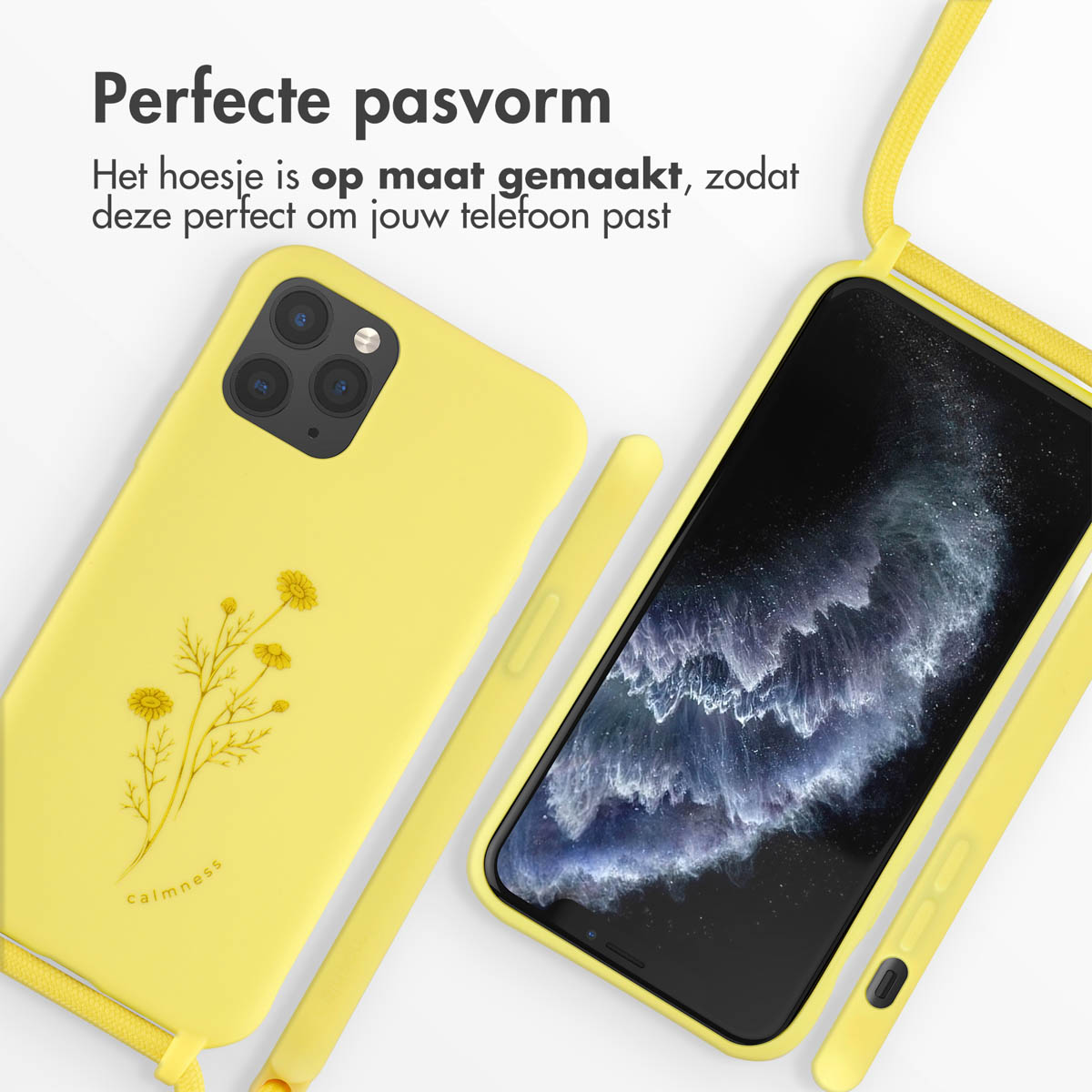 Custodia gialla con cinturino, schermo del telefono visibile, sfondo bianco.