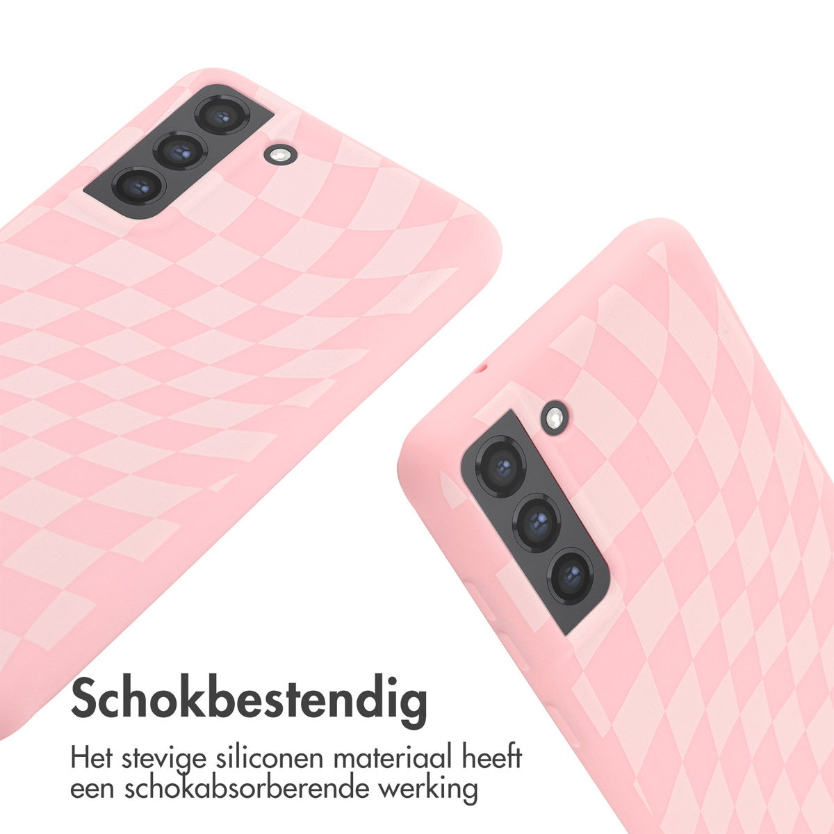 Roze telefoonhoesje met dambordpatroon. De camera's zijn zichtbaar.
