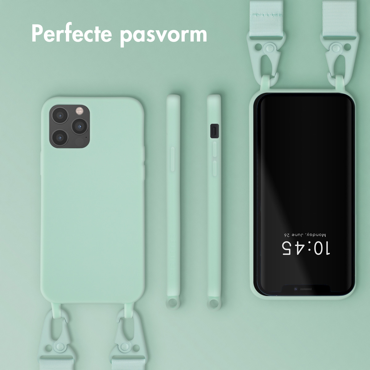Een telefoon en hoesjes op een rij. De telefoon rechts heeft een bandje. Lichtgroene kleur.