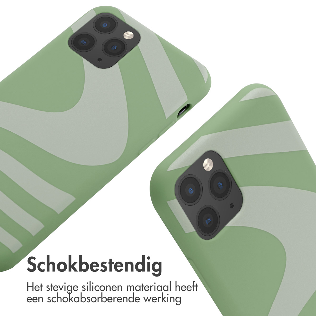 Custodia verde con design bianco ondulato. Testo: Antiurto. Il silicone è ammortizzante.