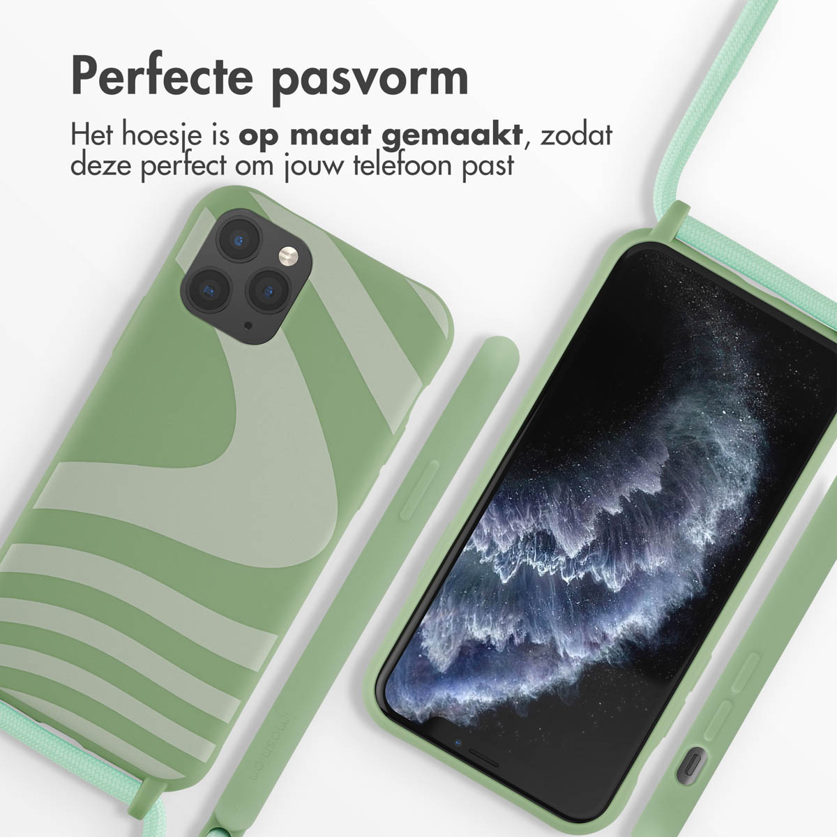 Un telefono e una custodia con cinturino su sfondo bianco. La custodia è verde con un motivo a onde.