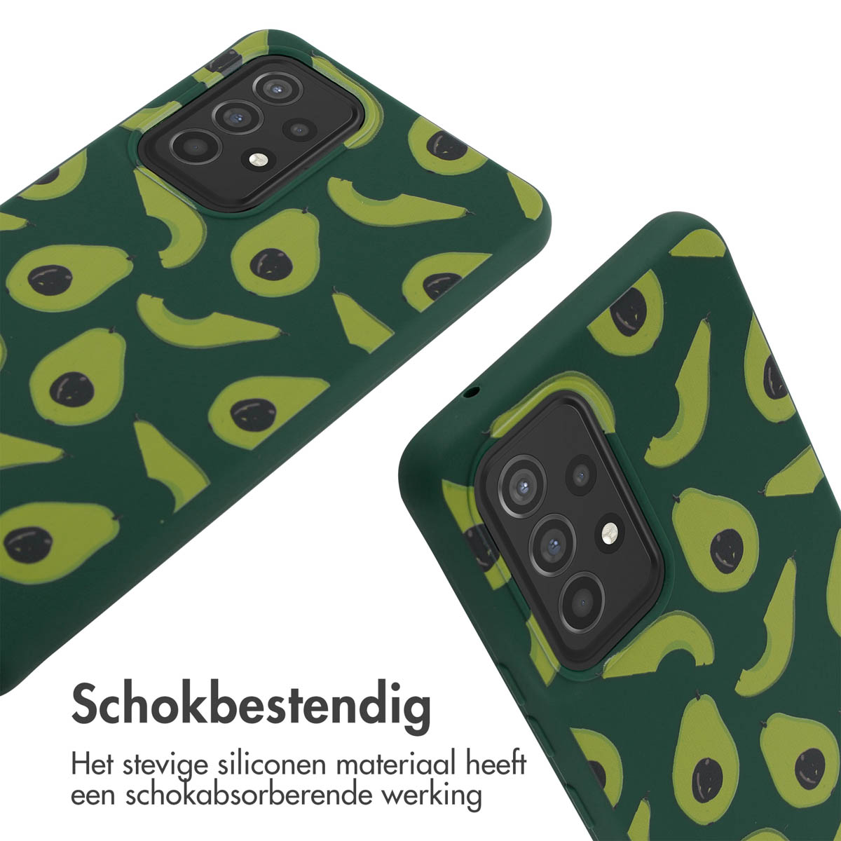 Deux coques de téléphone vert foncé inclinées. Motif avocat. Fond blanc. Texte : Antichoc.
