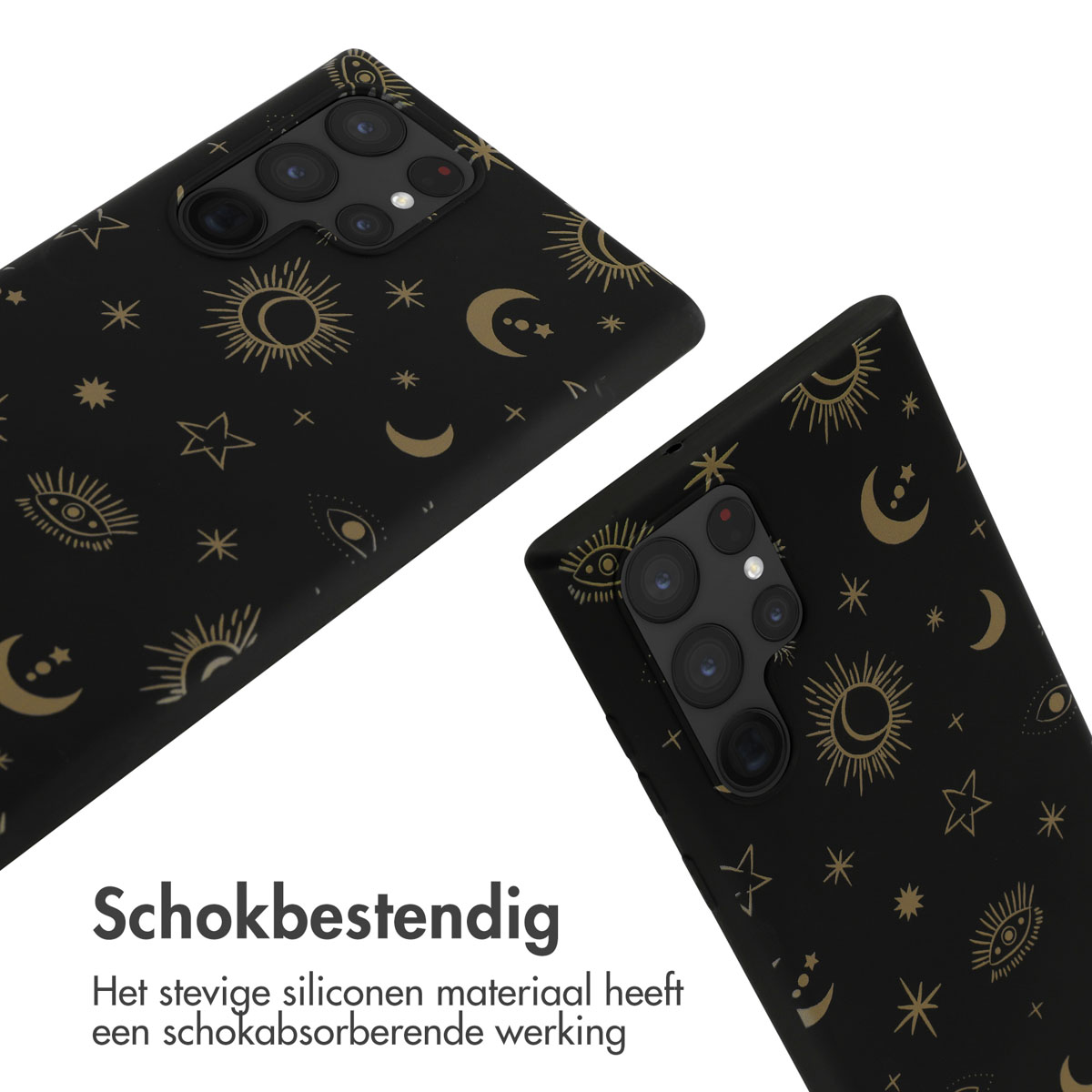 Zwarte telefoonhoesjes, met hemelse patronen. Witte achtergrond.