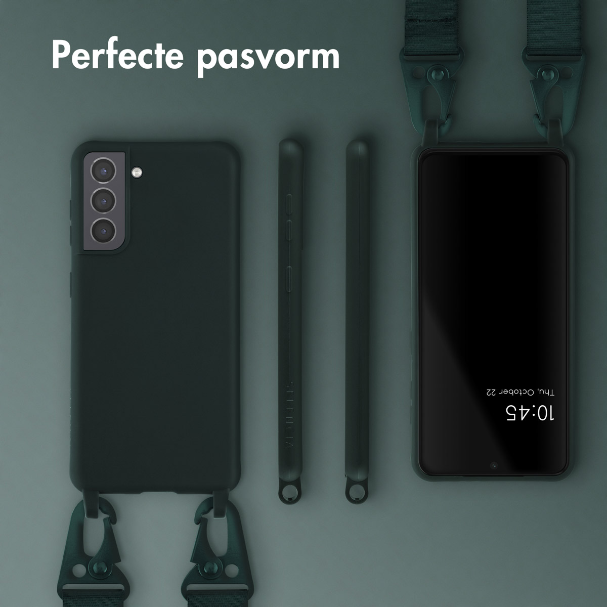 Donkergroene telefoonhoes, telefoon en twee zijstukken, met bandjes.
