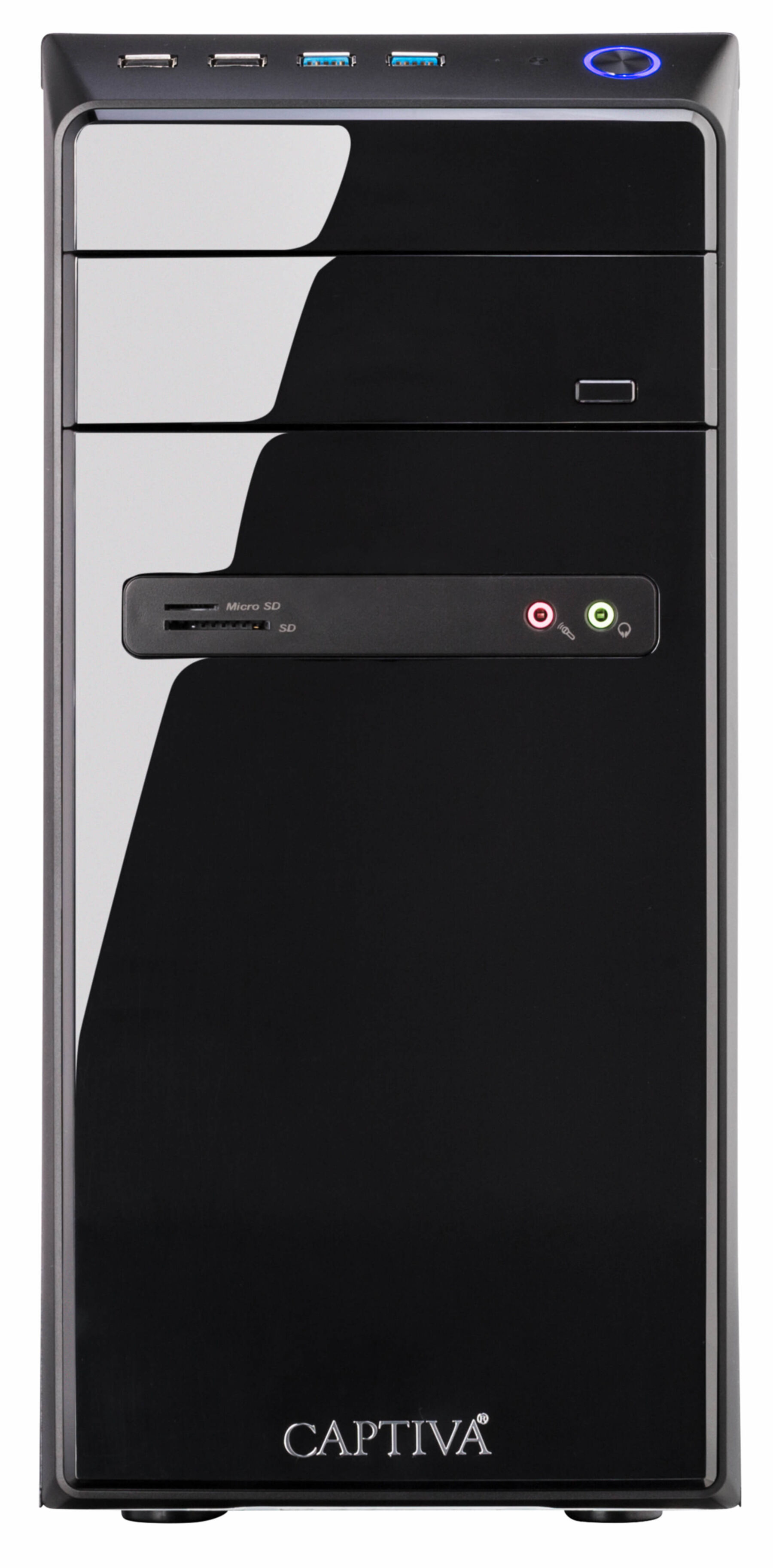 Schwarzes Computergehäuse mit glänzendem Finish. Es hat Anschlüsse oben und der Markenname steht unten.