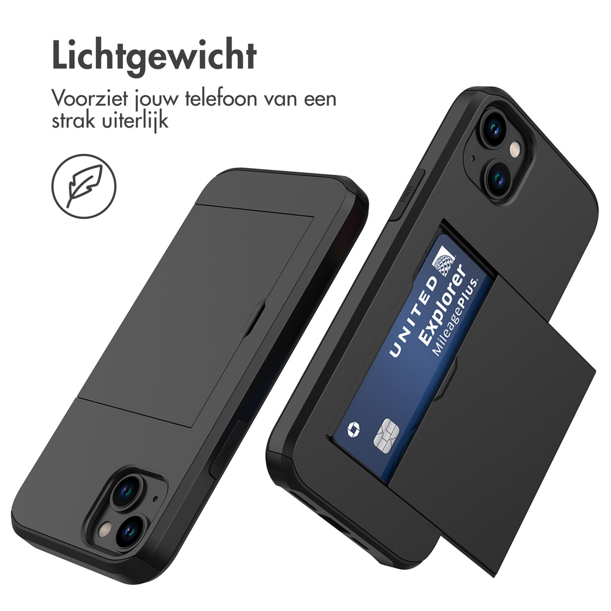 Zwarte telefoonhoes met kaartsleuf, open om een United-kaart te onthullen. Tekst op de hoes. Witte achtergrond.