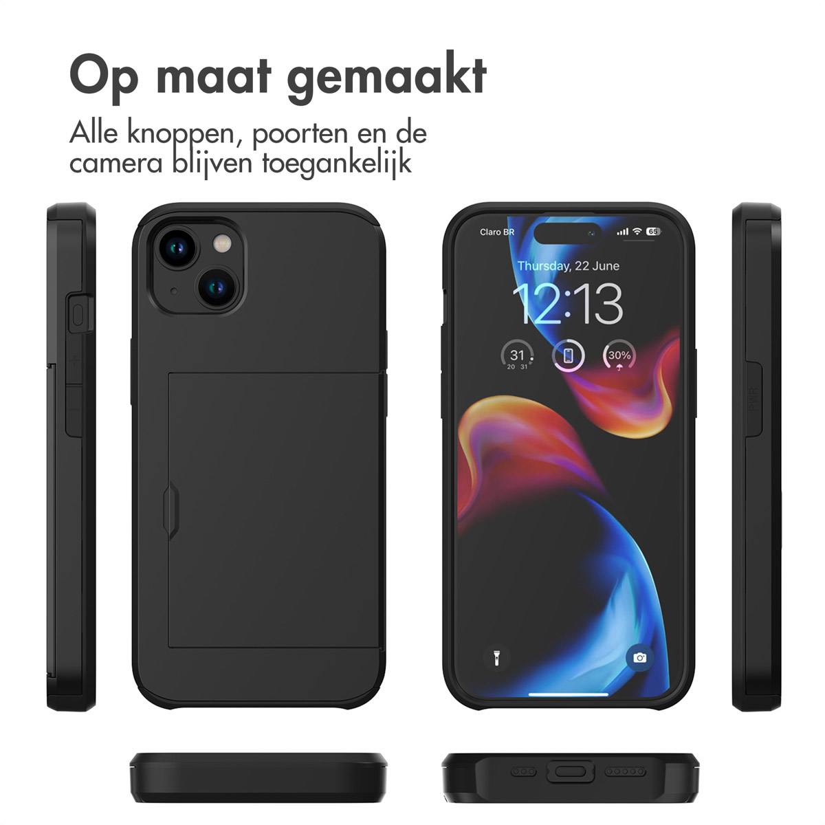 Zwarte telefoonhoes met een telefoon erin. Zijkanten en onderkant zijn ook zichtbaar.