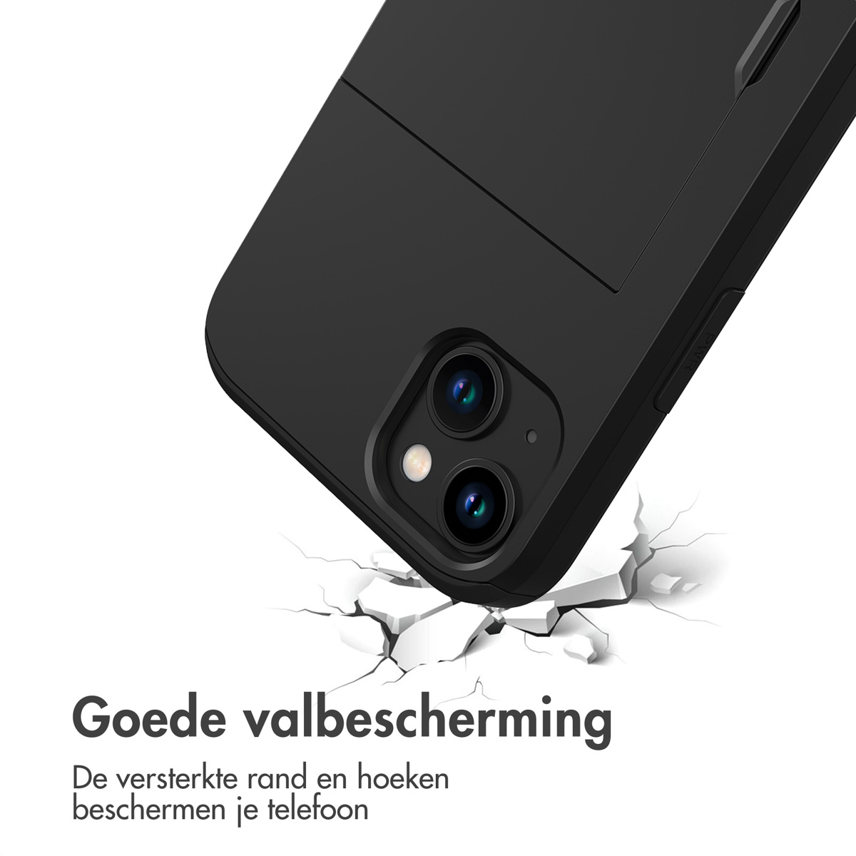 Zwart telefoonhoesje met een telefoon erin. De hoes is gebarsten, wat schokbestendigheid suggereert.