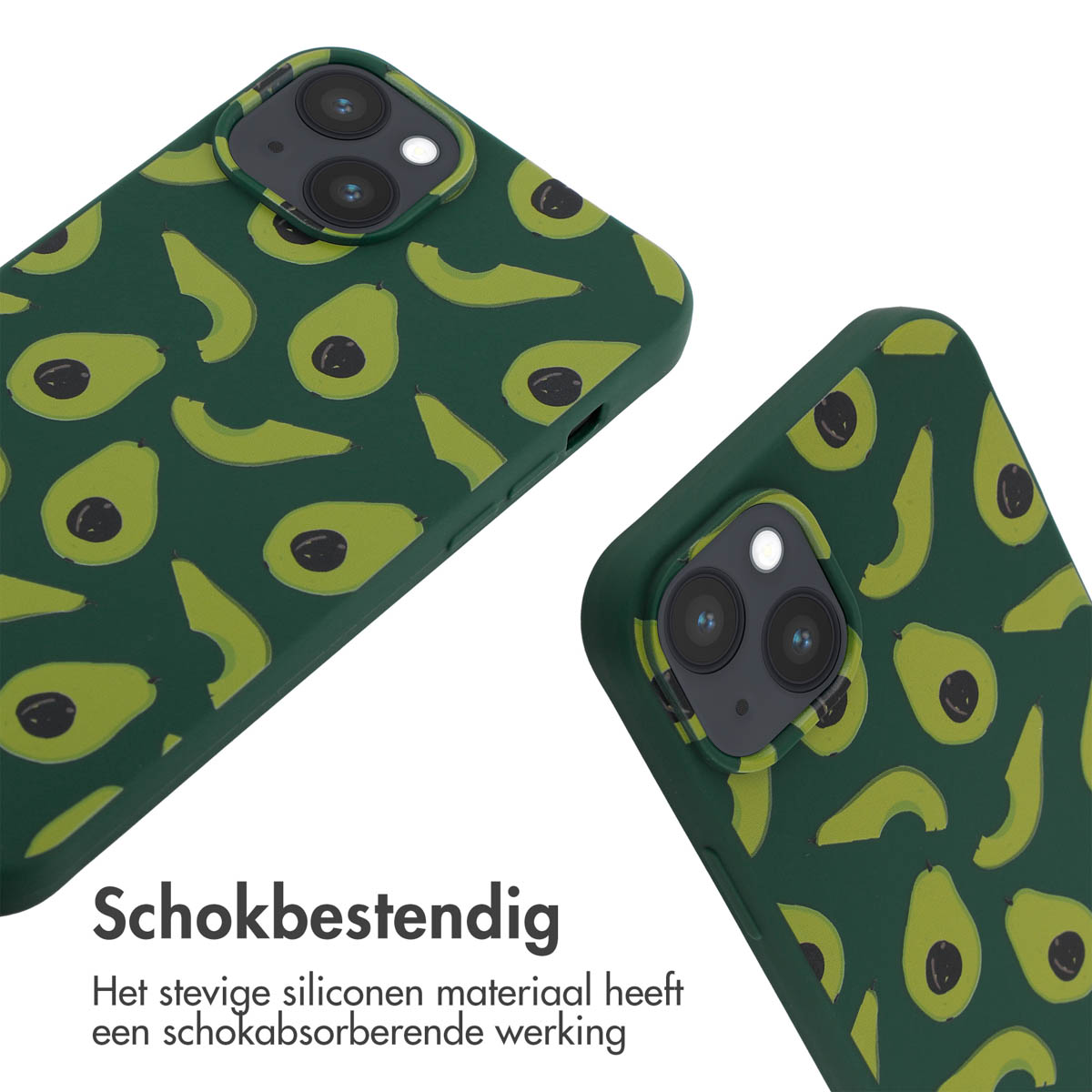Coque verte avec motif avocat. Texte : Antichoc. Le silicone est amortissant.