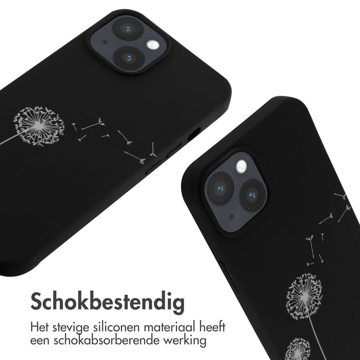 Zwei schwarze Handyhüllen mit Pusteblumen-Design. Text: stoßfest. Silikonmaterial hat Stoßabsorption.