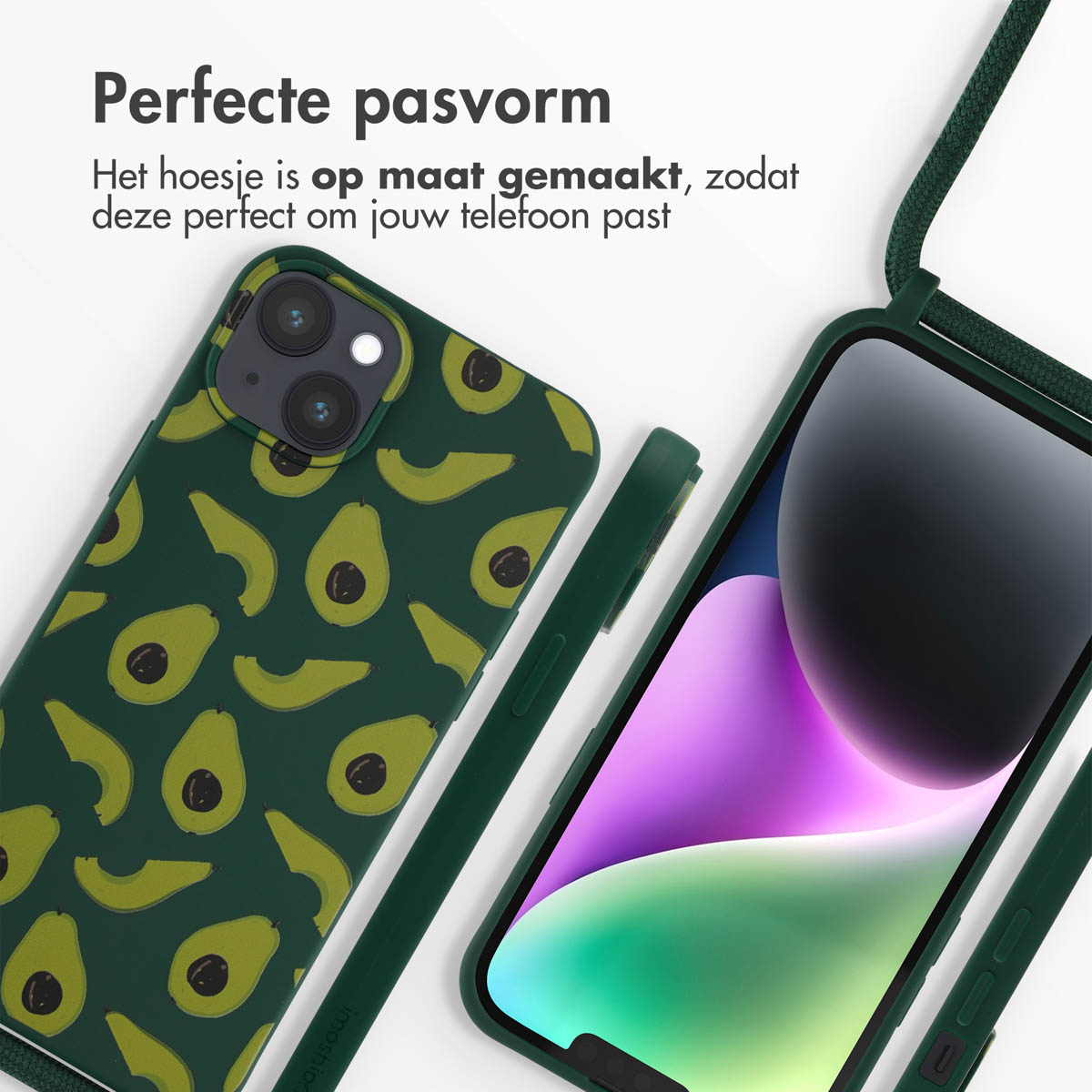 Coque verte avec motif avocat et téléphone avec lanière verte, fond blanc.
