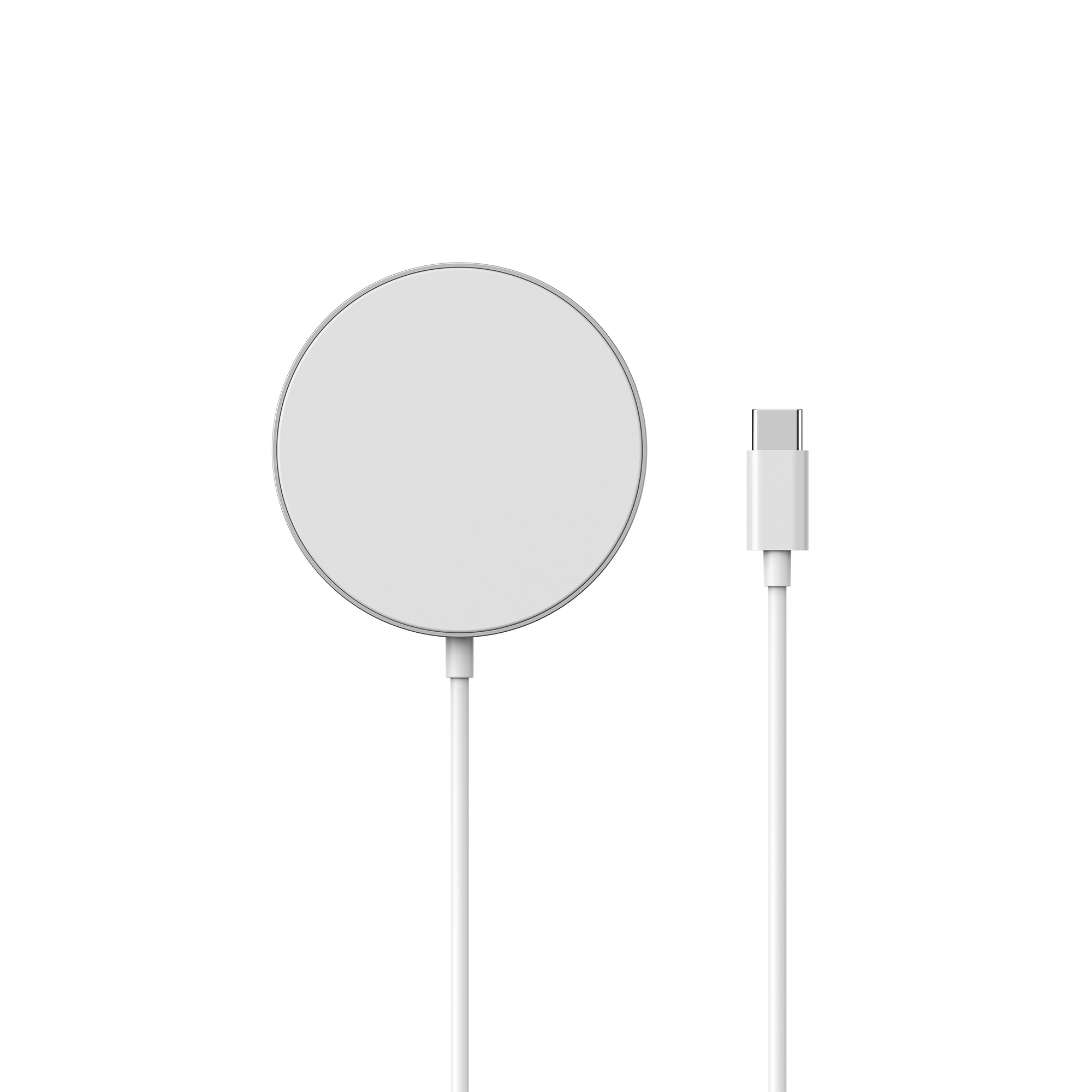 Cargador inalámbrico blanco y un cable de carga blanco, fondo blanco.