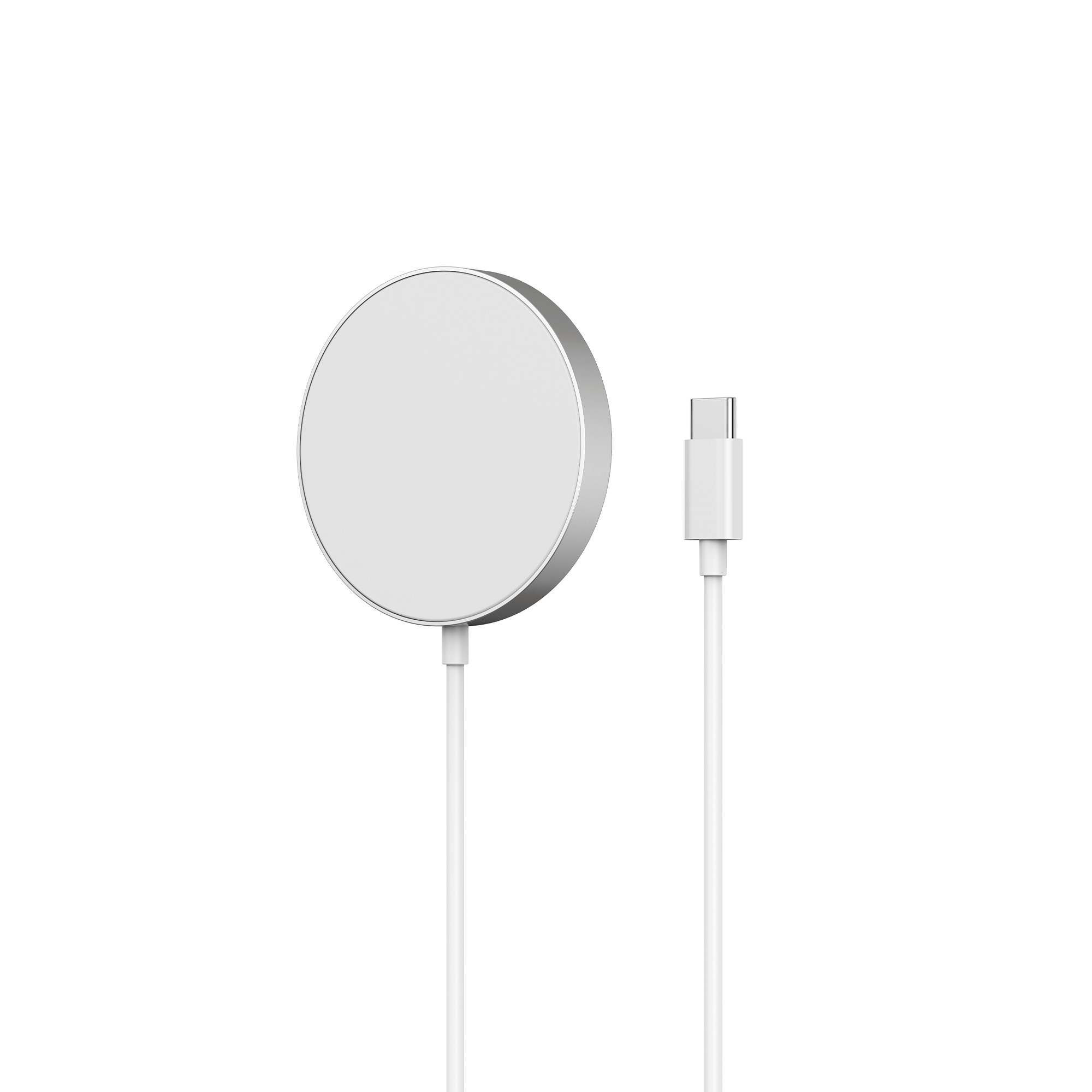 Base de carga inalámbrica blanca con cable USB-C, sobre fondo blanco.