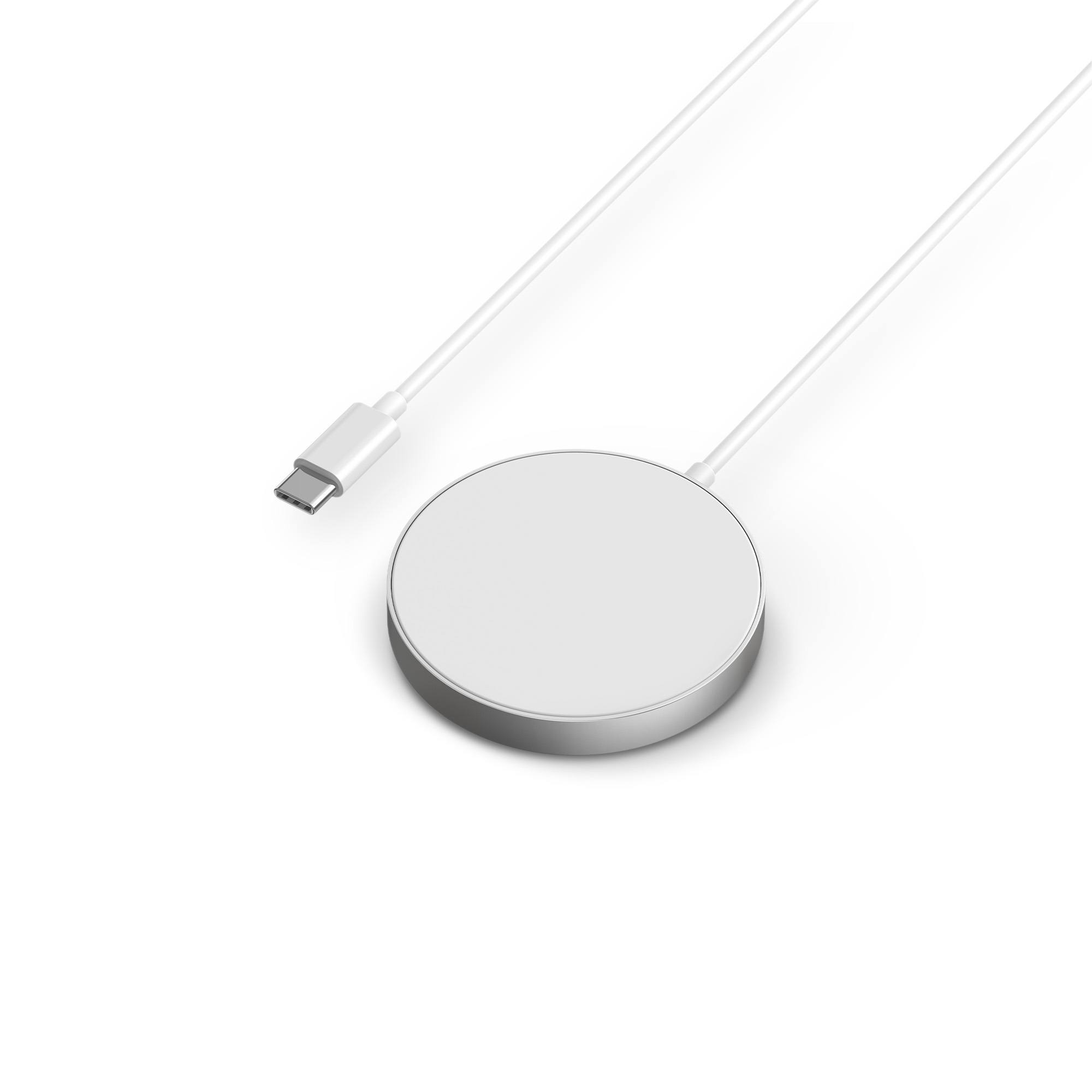 Un cargador inalámbrico blanco con un cable blanco y un conector USB-C.