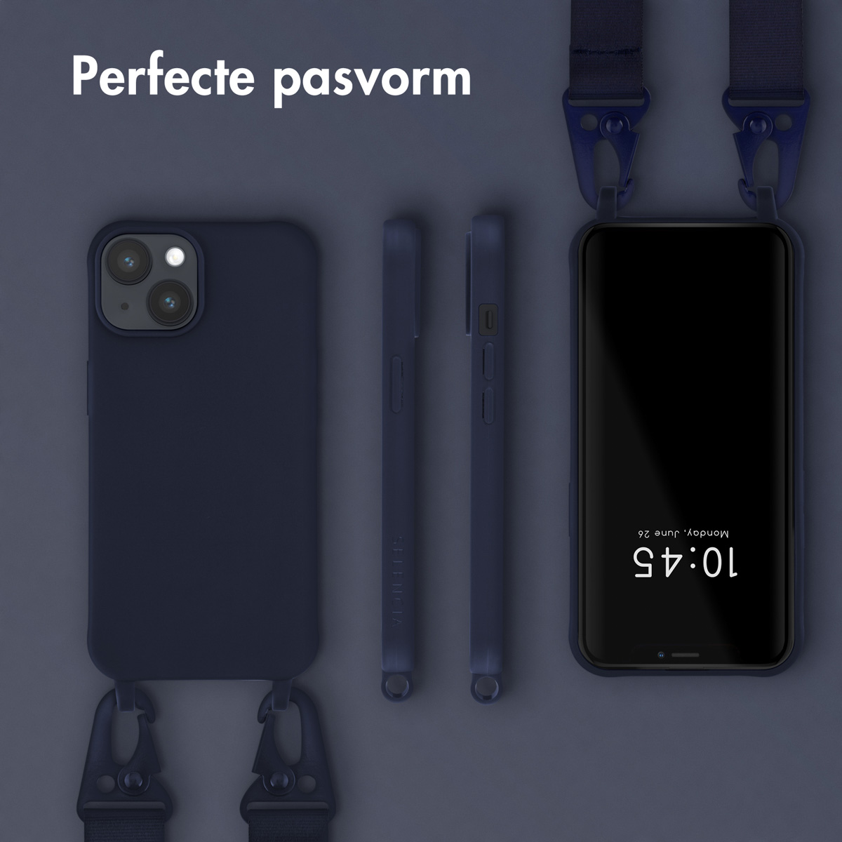 Donkerblauw telefoonhoesje met zwarte telefoon. De telefoon toont de tijd op het scherm.