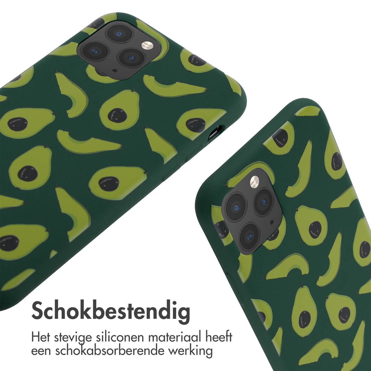Due custodie per telefoni con motivo avocado, sfondo verde scuro. Testo bianco in basso: Schokbestendig.