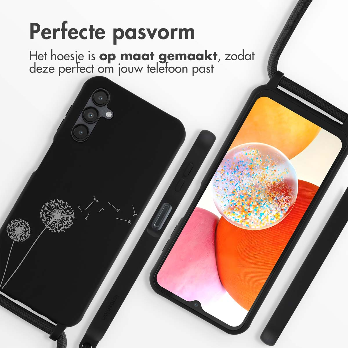 Une coque de téléphone noire et un téléphone dans une coque noire avec un motif de pissenlit et un cordon.