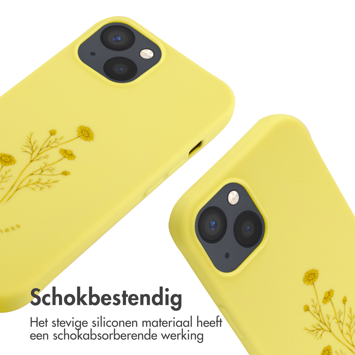 Gele telefoonhoesjes met bloemenpatroon. Er worden twee hoesjes weergegeven.