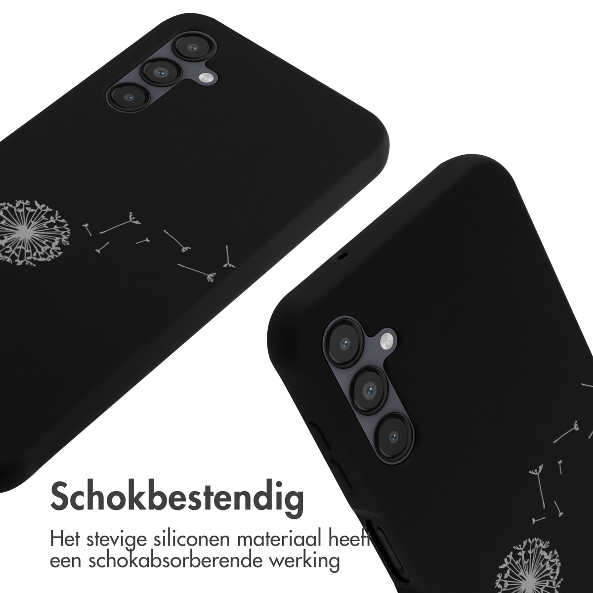Deux coques noires avec motif de pissenlit. Texte : résistant aux chocs. Le silicone absorbe les chocs.