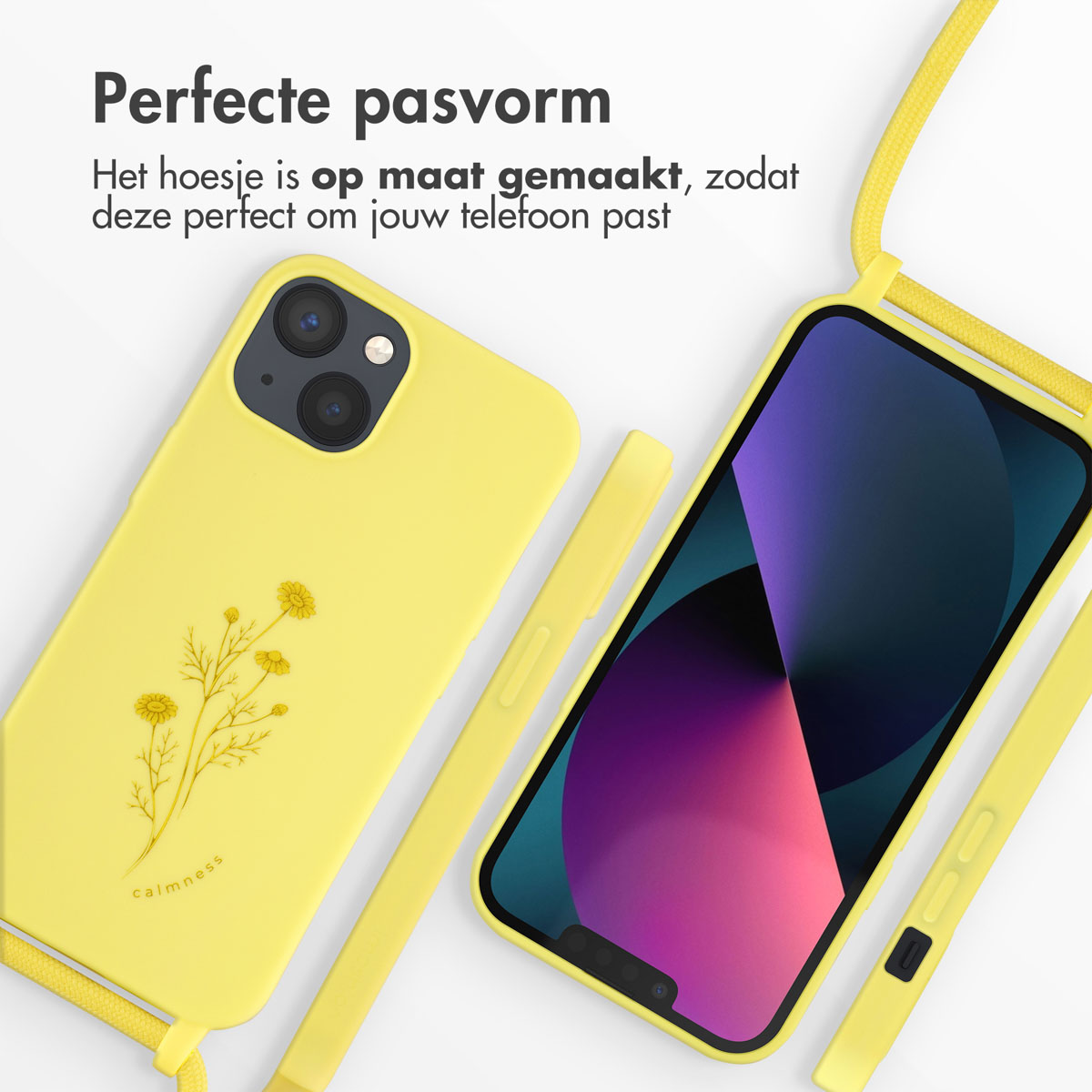 Gele telefoonhoes met bloemenontwerp, telefoon met paars scherm en gele band.