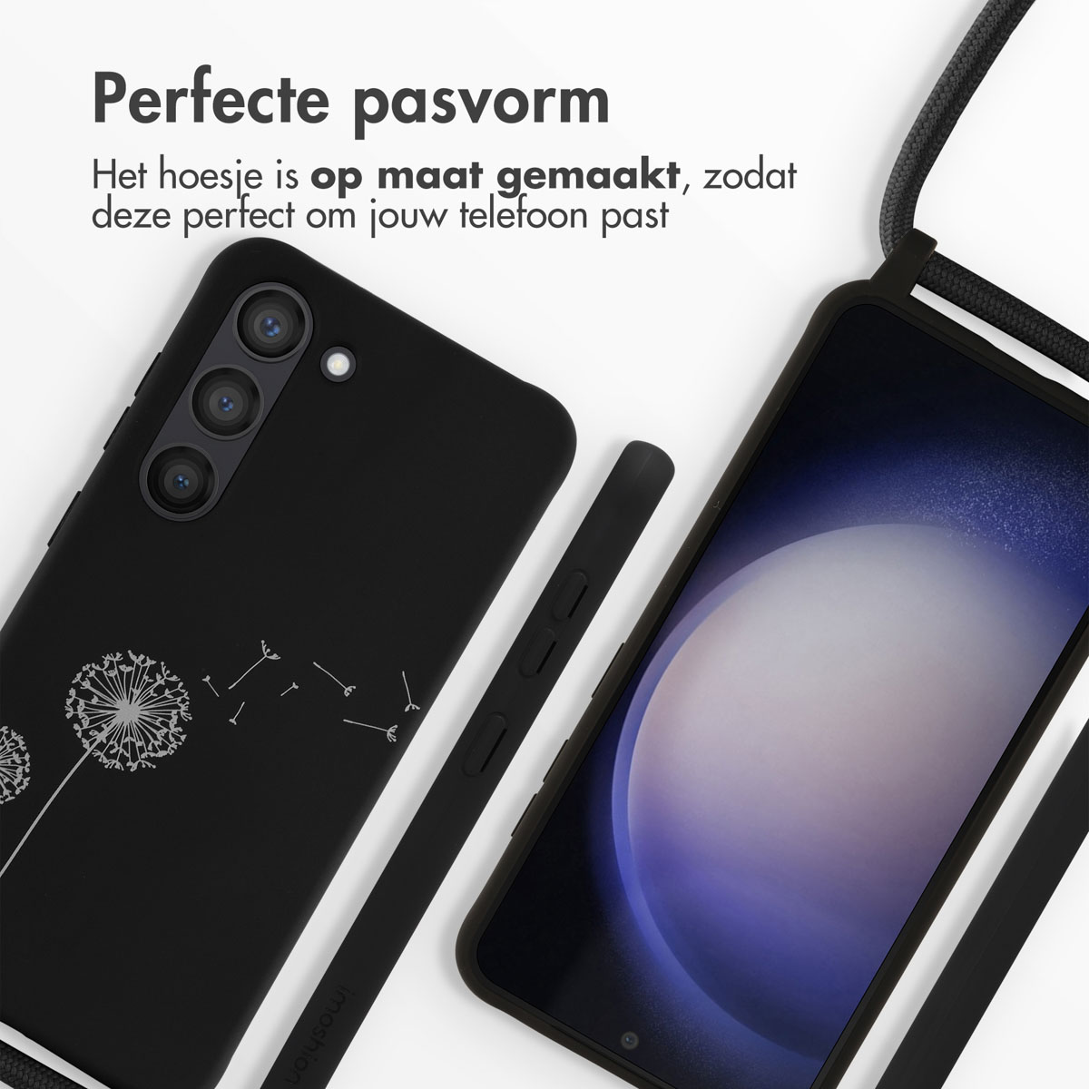 Zwarte telefoonhoes met paardenbloemontwerp. Een zwart koord is bevestigd. Telefoonscherm is zichtbaar. Witte achtergrond.