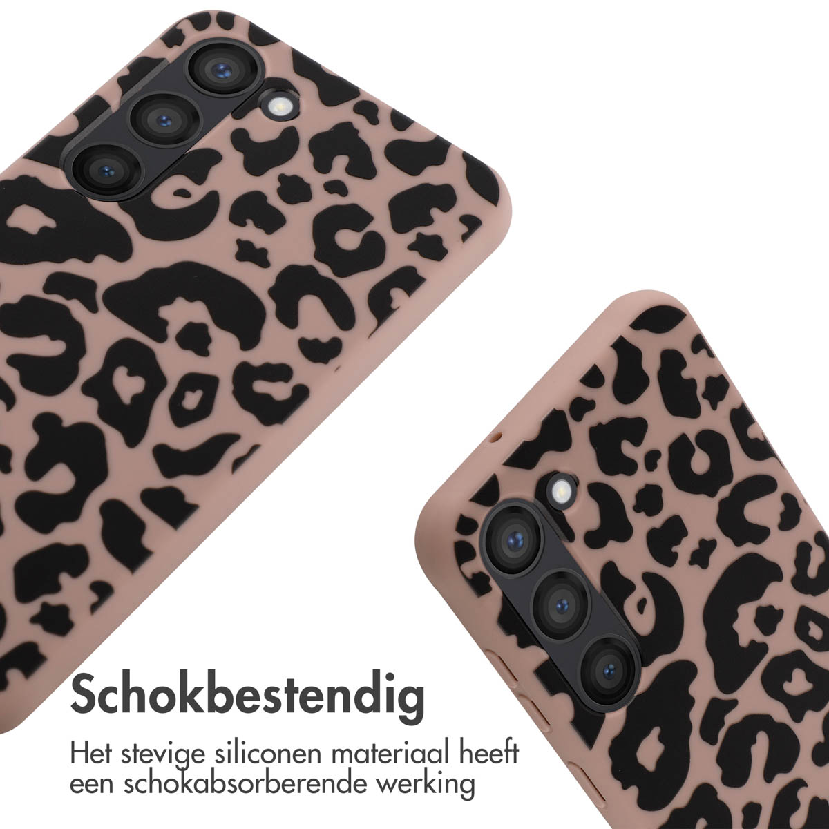 Twee telefoonhoesjes met luipaardprint, roze en zwart. De hoesjes tonen een camera.