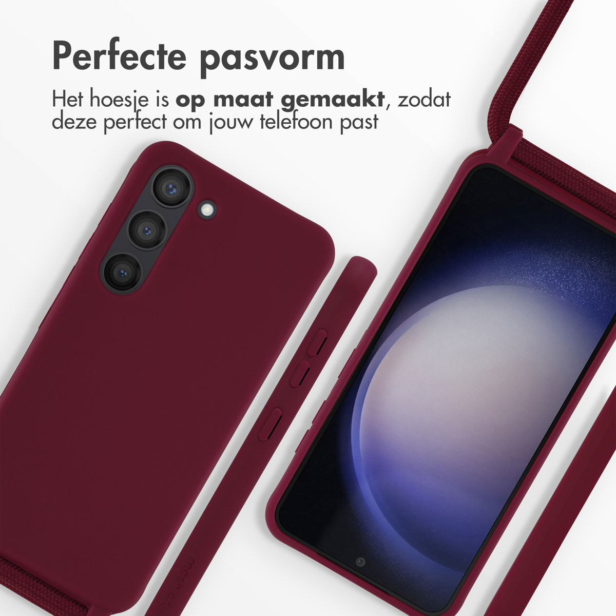 Telefoon en hoesje op een rij. De telefoon rechts heeft een bandje. Donkerrode kleur.
