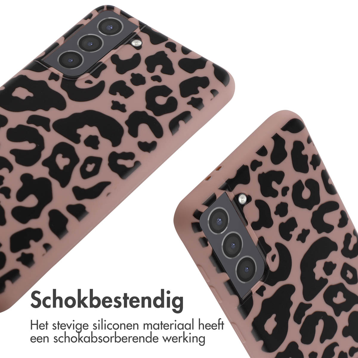 Roze telefoonhoes met zwarte luipaardprint. Er worden twee hoesjes weergegeven.