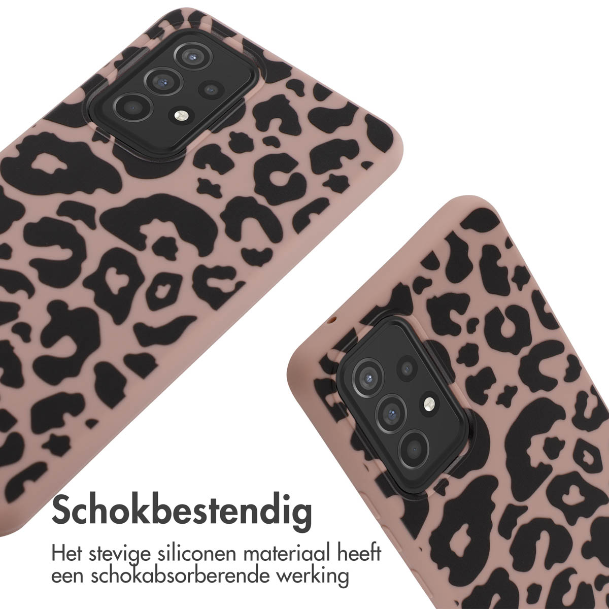 Deux coques de téléphone à imprimé léopard. Les coques ont des découpes. Fond blanc.