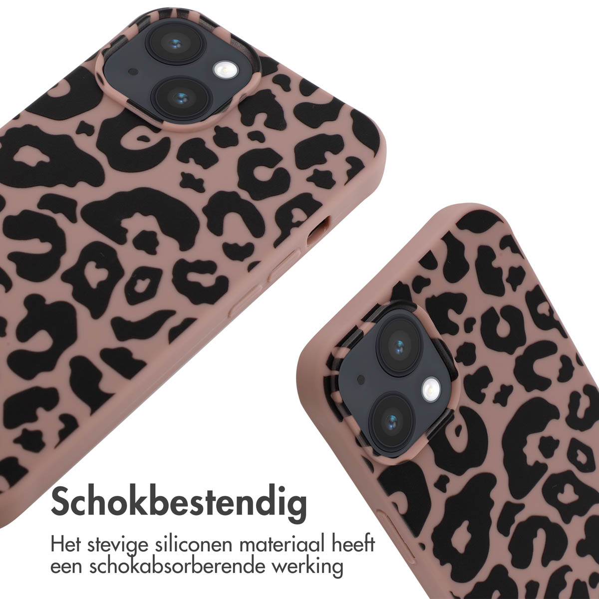 Zwei rosa und schwarze Leoparden-Handyhüllen. Text auf Niederländisch unten.