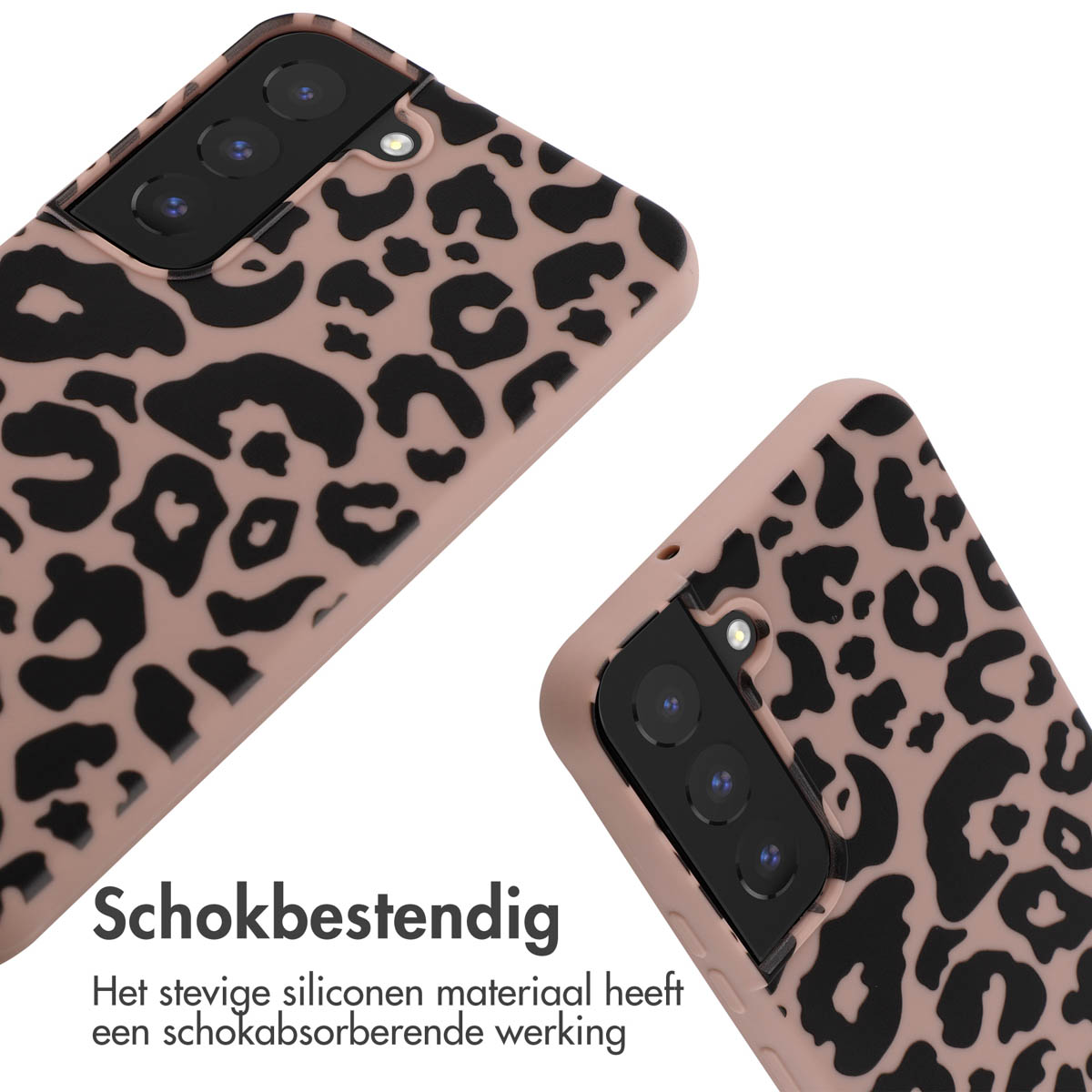 Twee telefoonhoesjes met luipaardprint. De achtergrond is wit. De hoesjes zijn roze en zwart.