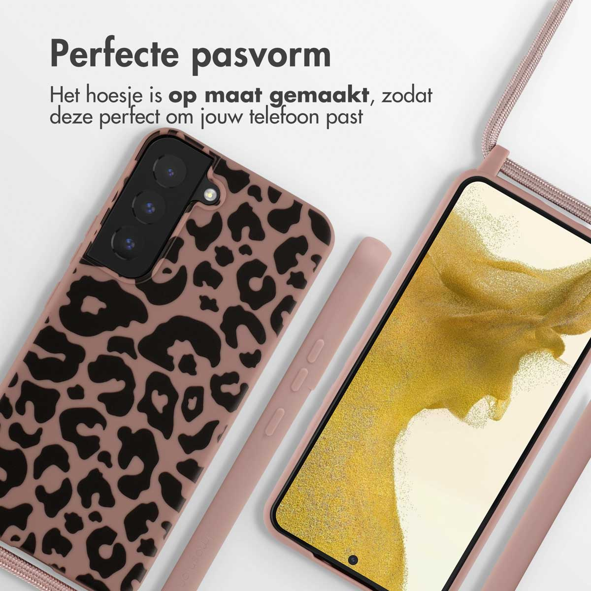 Roze telefoonhoes met luipaardprint, telefoon erin en een roze koord.