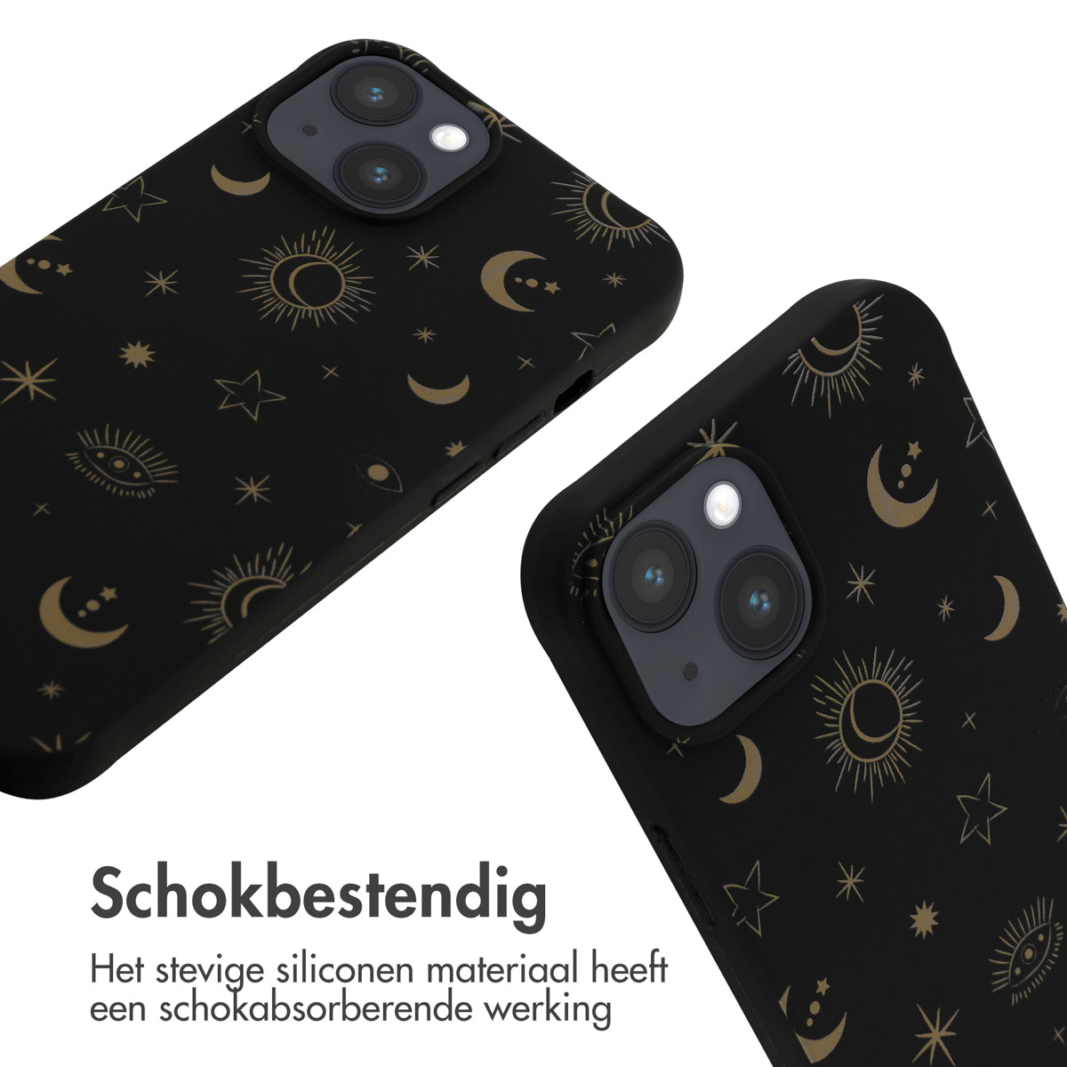 Schwarze Handyhüllen mit goldenen Himmelsmustern. Text: Stoßfest.