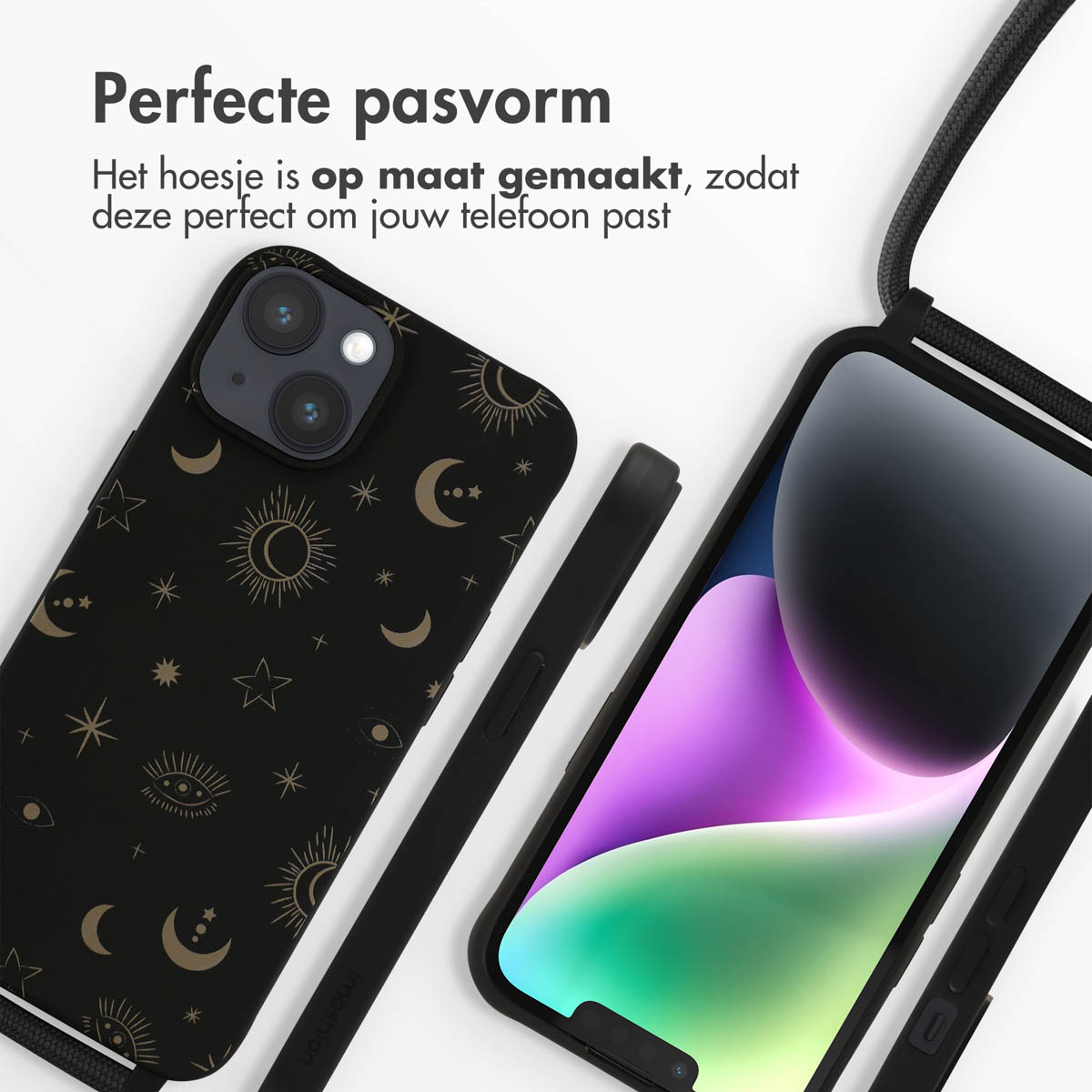Schwarze Handyhülle mit Sonnen- und Monddesign. Ein Telefon mit schwarzer Hülle und Schlüsselband ist sichtbar.