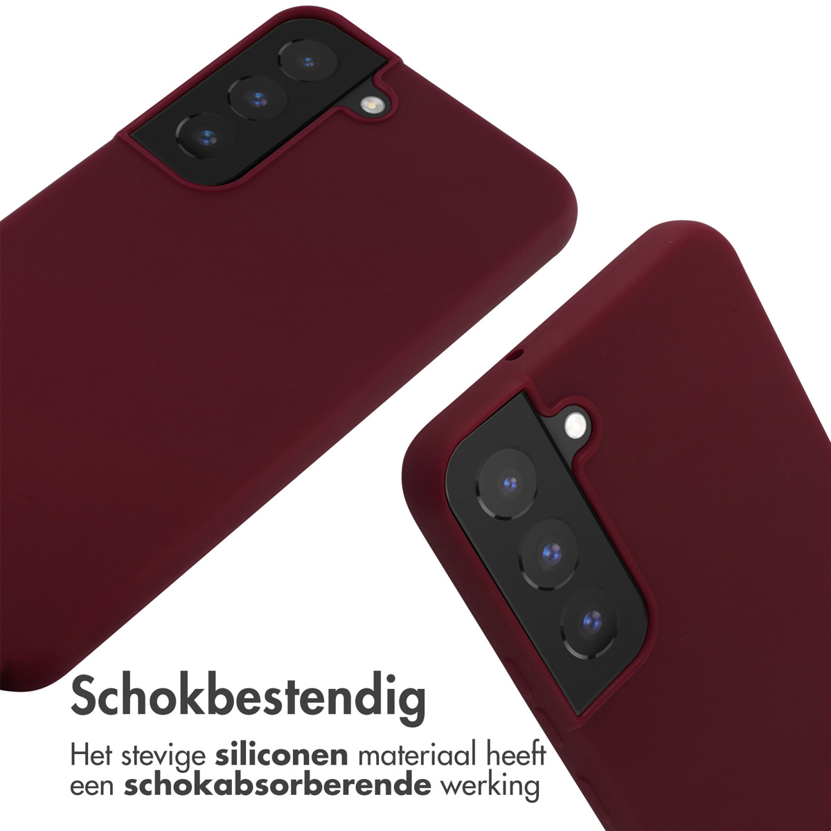 Twee bordeauxrode telefoonhoesjes, de camera's zijn zichtbaar.