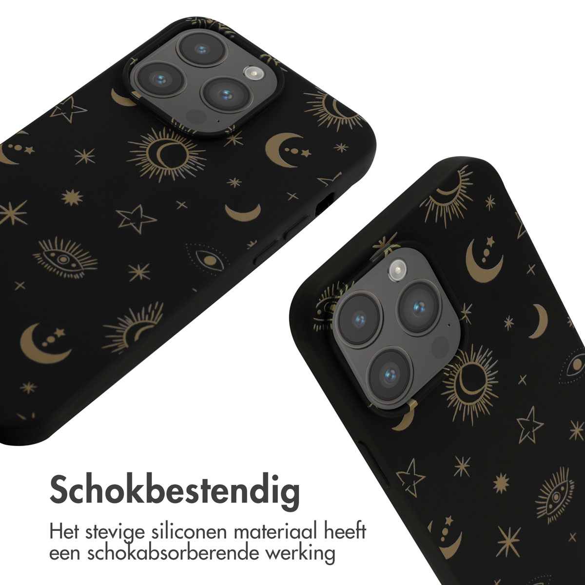 Zwarte telefoon en hoesje met gouden manen en sterren. De telefoon rechts heeft een zwart bandje.