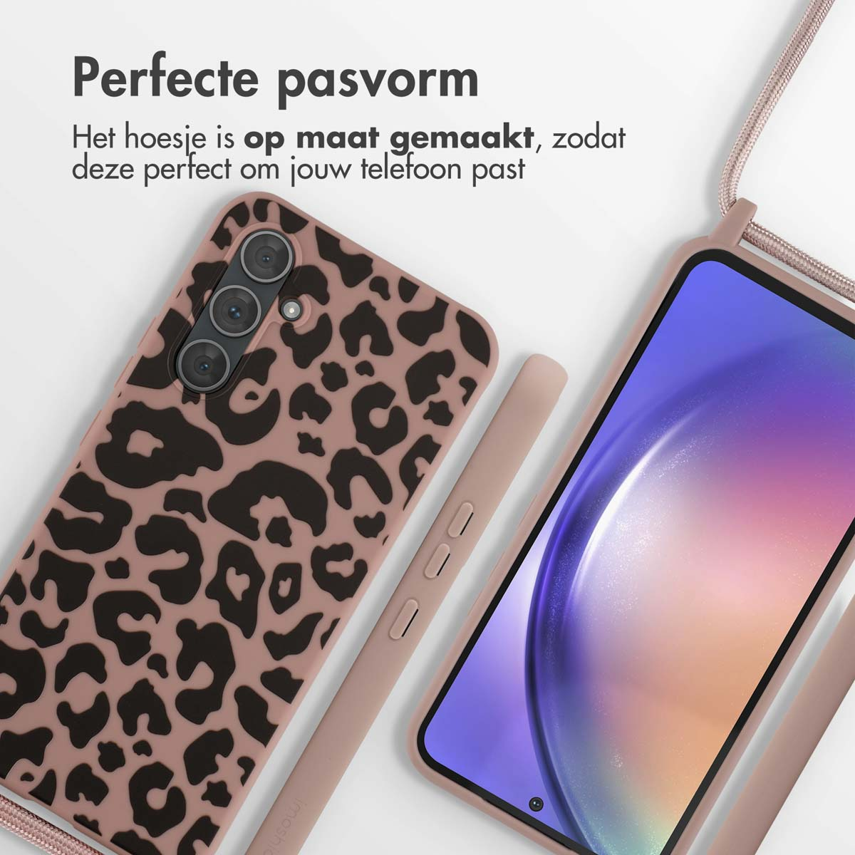 Roze telefoonhoesje, luipaardprint, zichtbaar scherm, witte achtergrond.