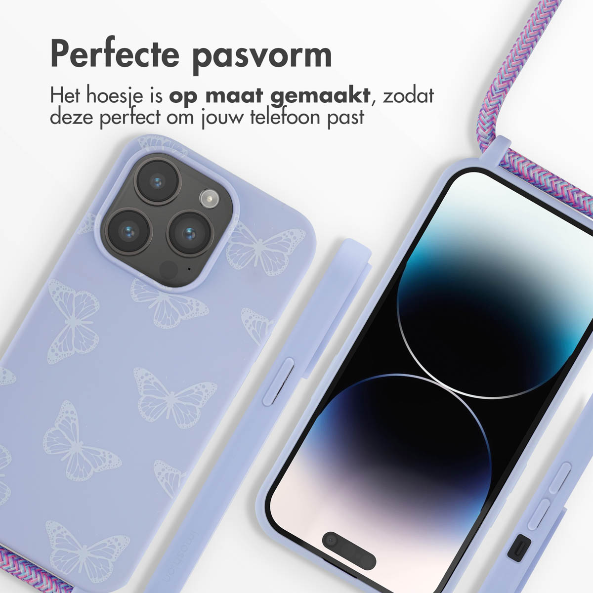 Paars telefoonhoesje met vlinderontwerp. Telefoon met scherm. Tekst: Perfecte pasvorm.