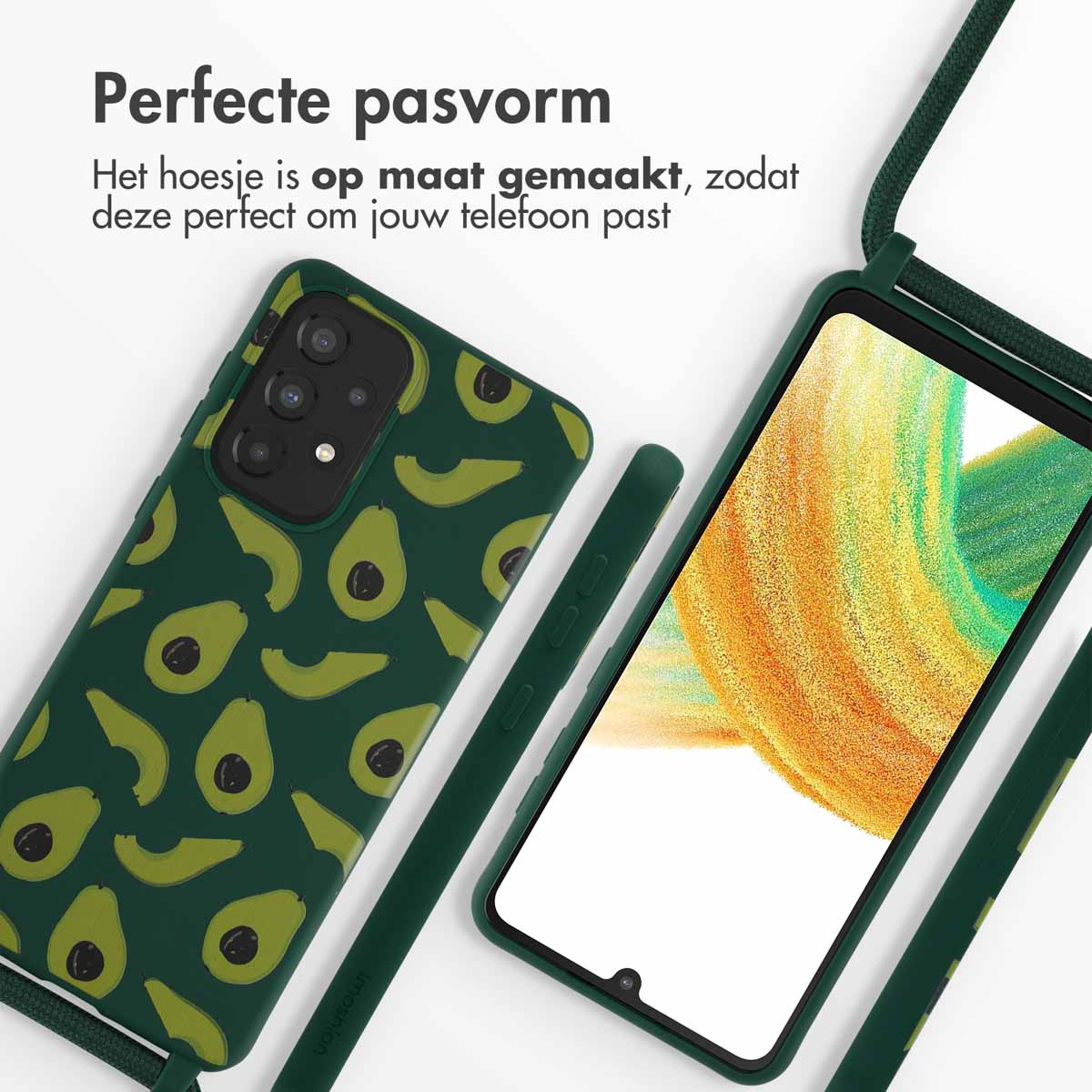 Coque de téléphone à motif avocat avec téléphone et lanière.